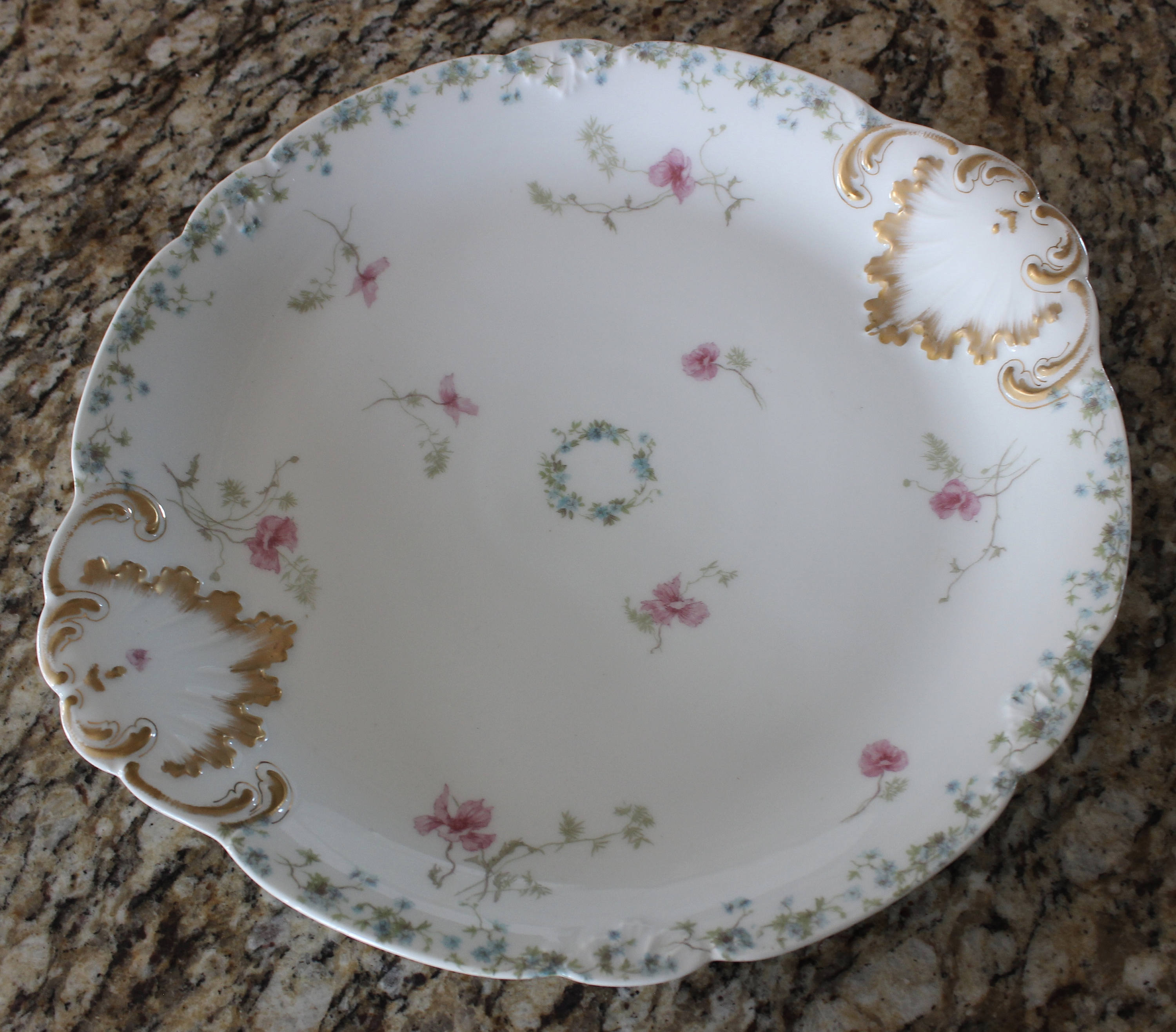 Large Antique Haviland Limoges CFM GDM France Periwinkle and Poppies Serving Dish Gold Trim