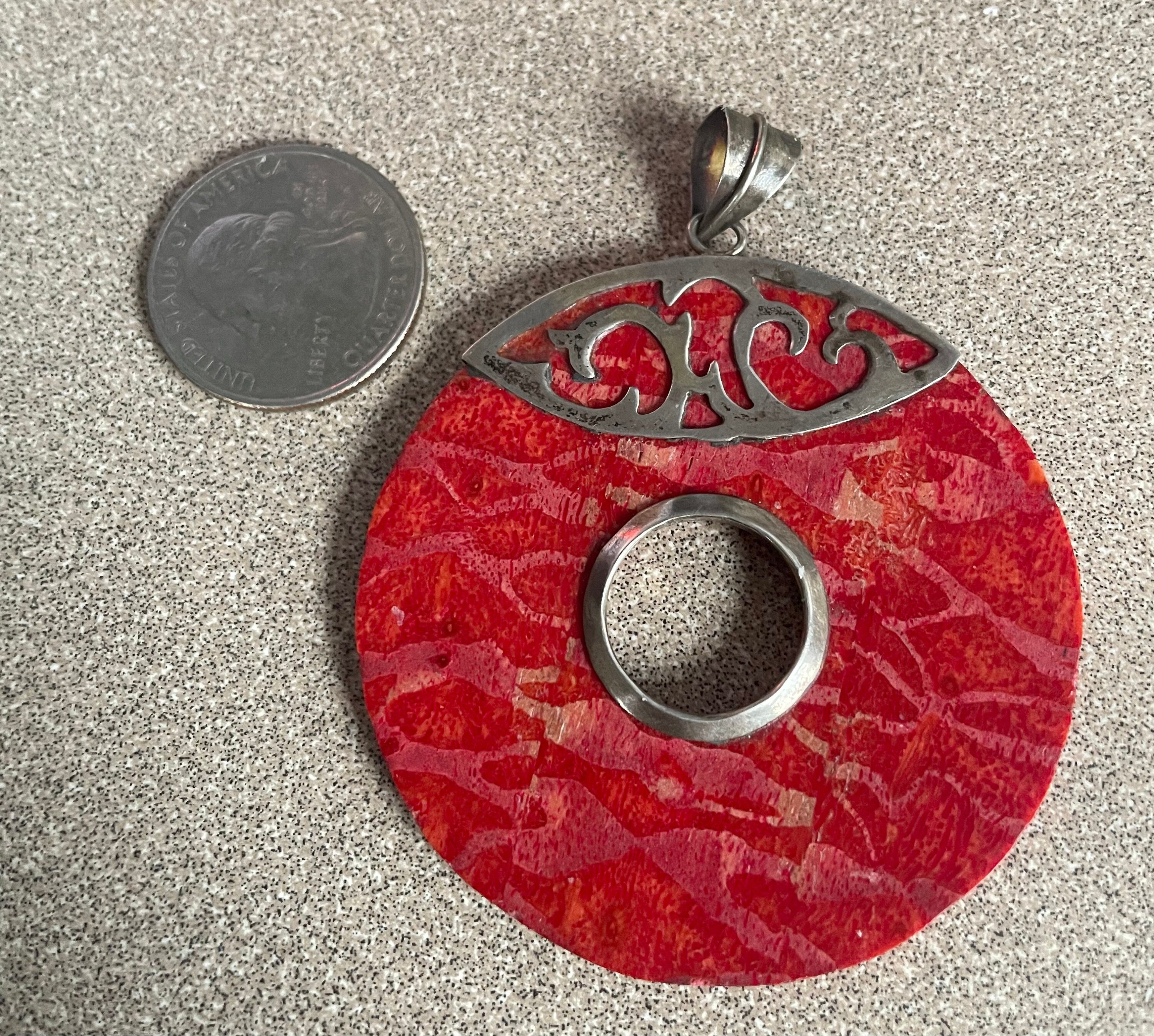 Vintage Large Asian Sterling Silver Pendant with Carved Coral Stone