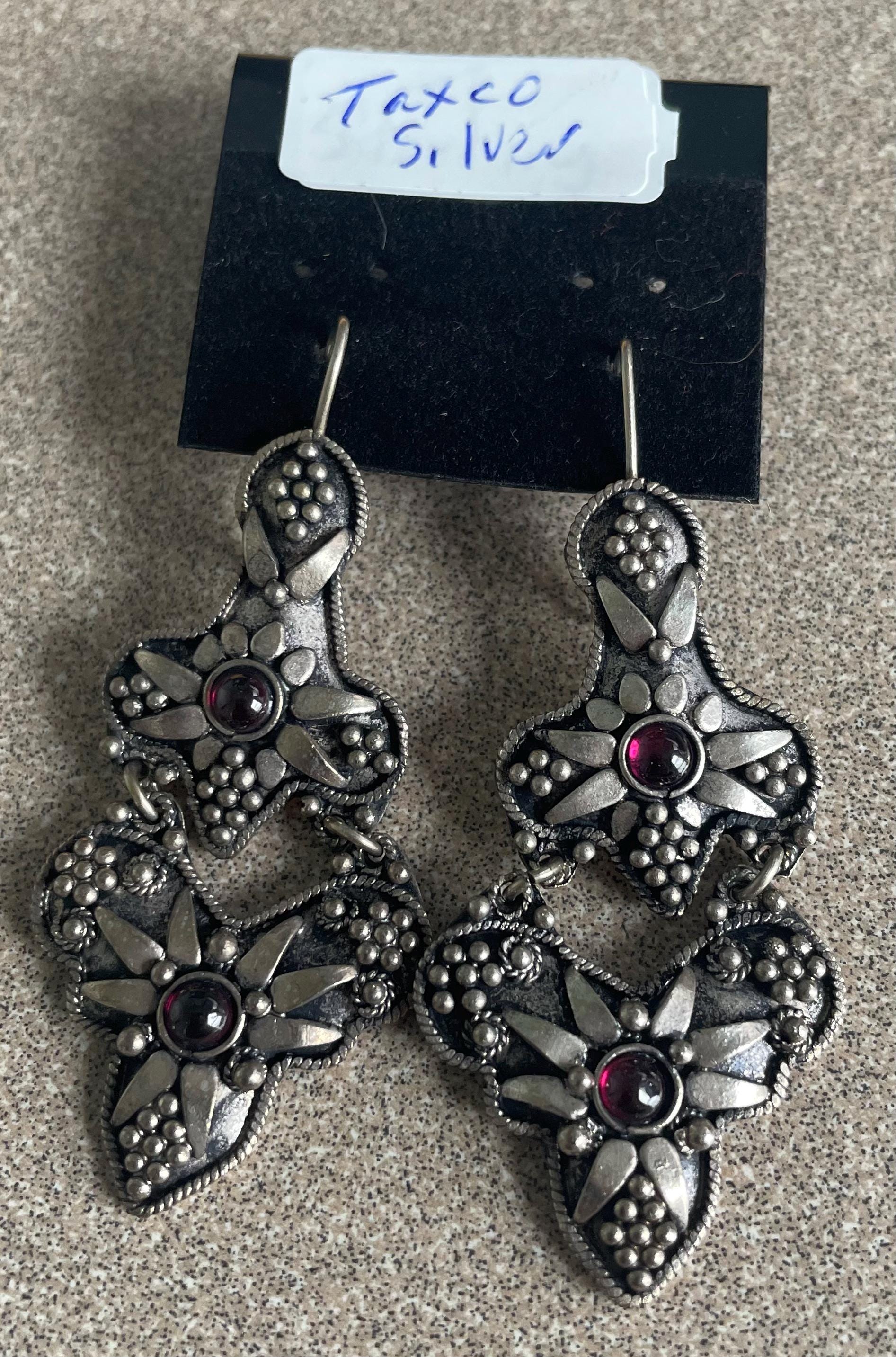 Beautiful Ornate Taxco Mexico Sterling Silver Grape Pattern Ruby Stone Handmade Dangle Earrings