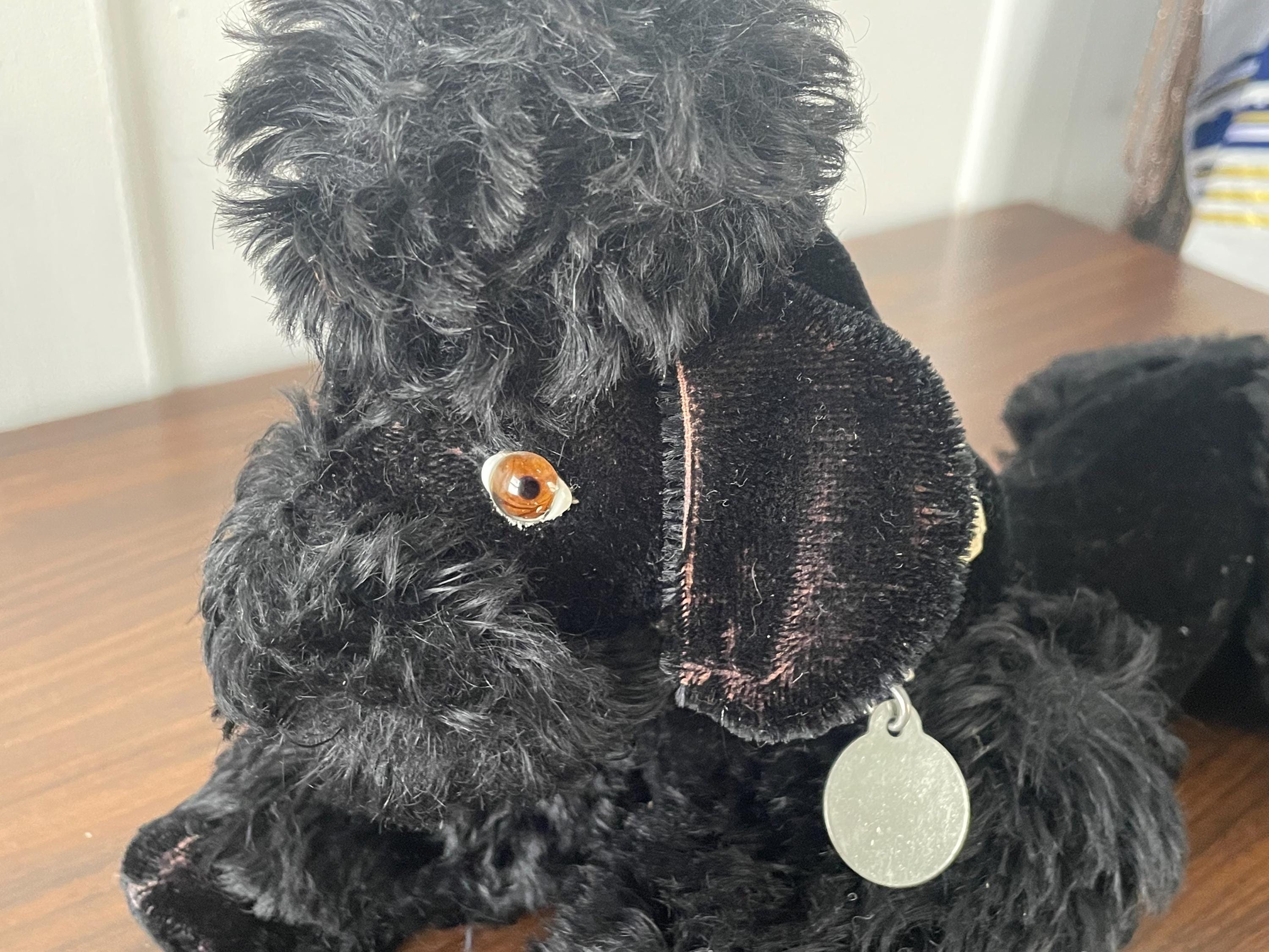 Fully Jointed Large 1940's Steiff Like Black Mohair Poodle Dog with Glass Eyes  13" Long with Rhinestone Studded Collar