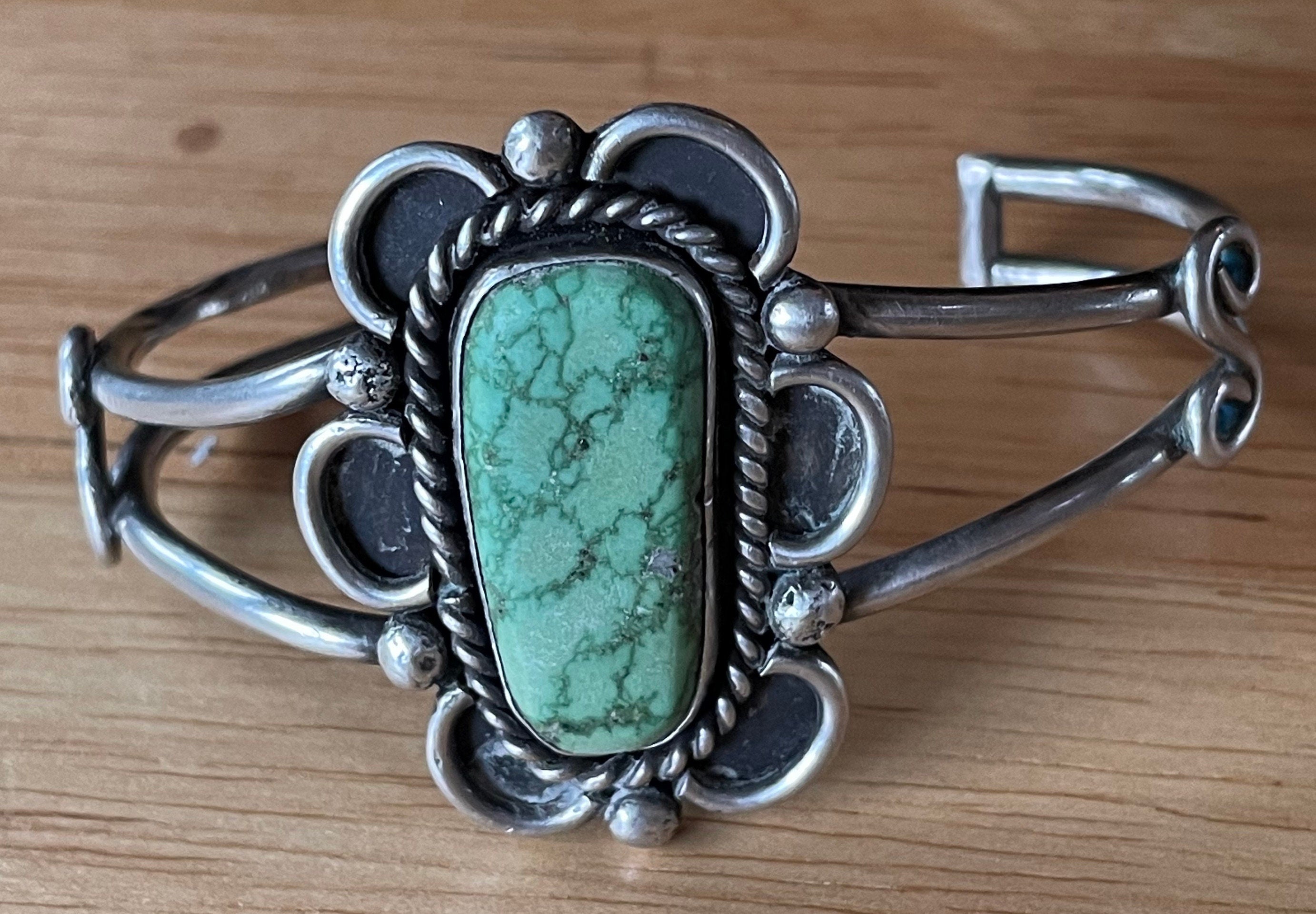 Stunning Vintage Sterling Silver and Green Turquoise Cuff Bracelet