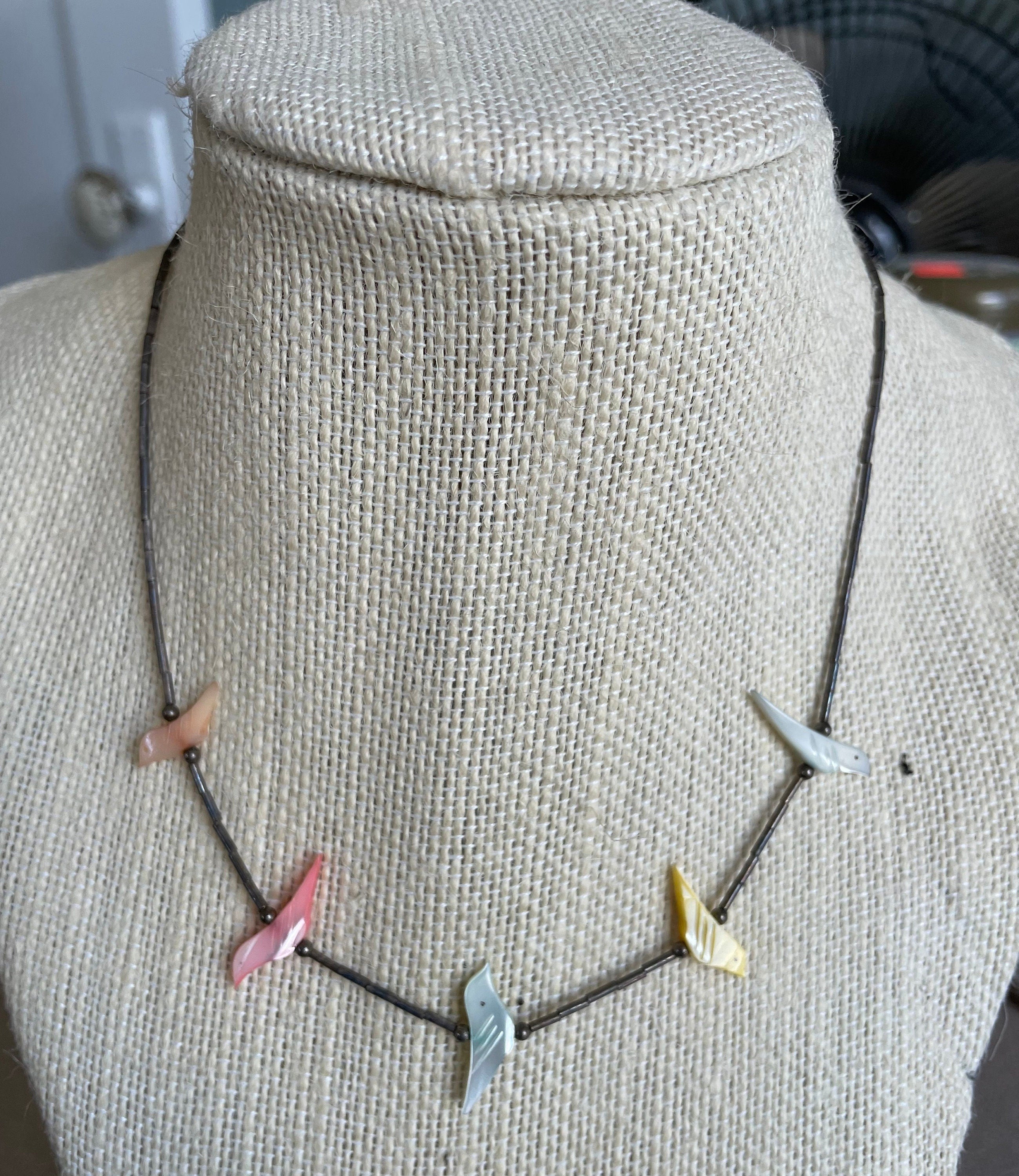 Vintage Sterling Silver Beaded Abalone Carved Birds Fetish Necklace