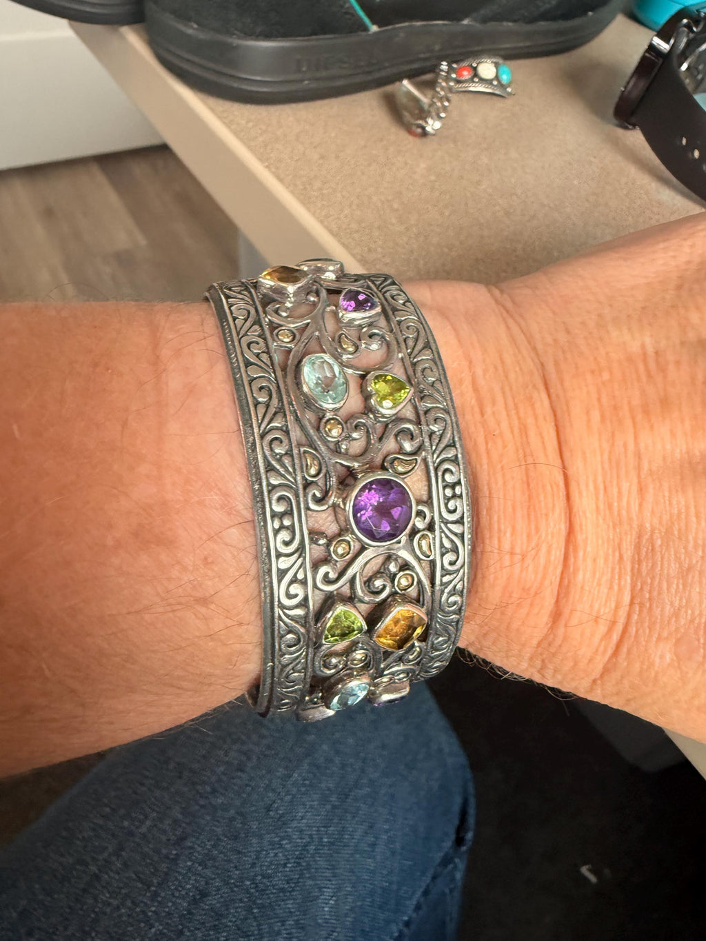 RARE Stunning Samuel B Benham Bali Multi Stone Bracelet with Sterling Silver 18k Gold Amethyst Citrine Peridot Aquamarine Cuff Bracelet