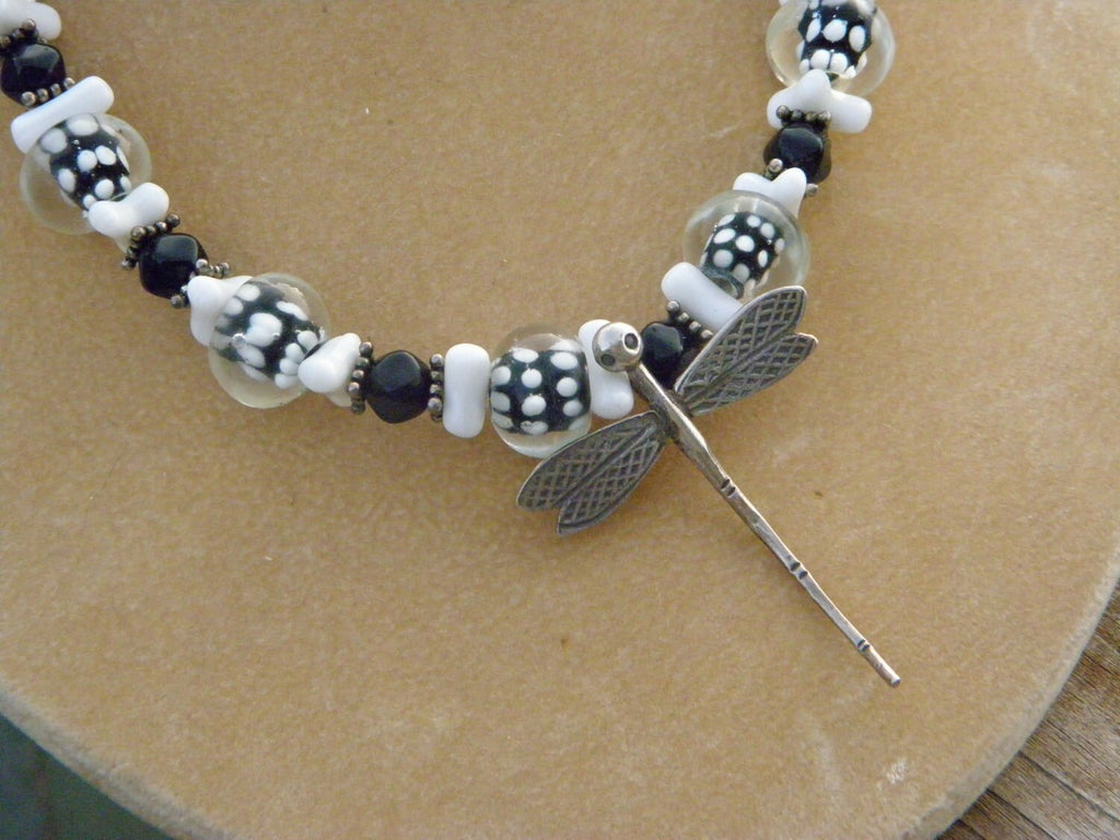Beautiful Black and White Murano Glass Beads with Sterling Dragonfly Necklace  Artist Design