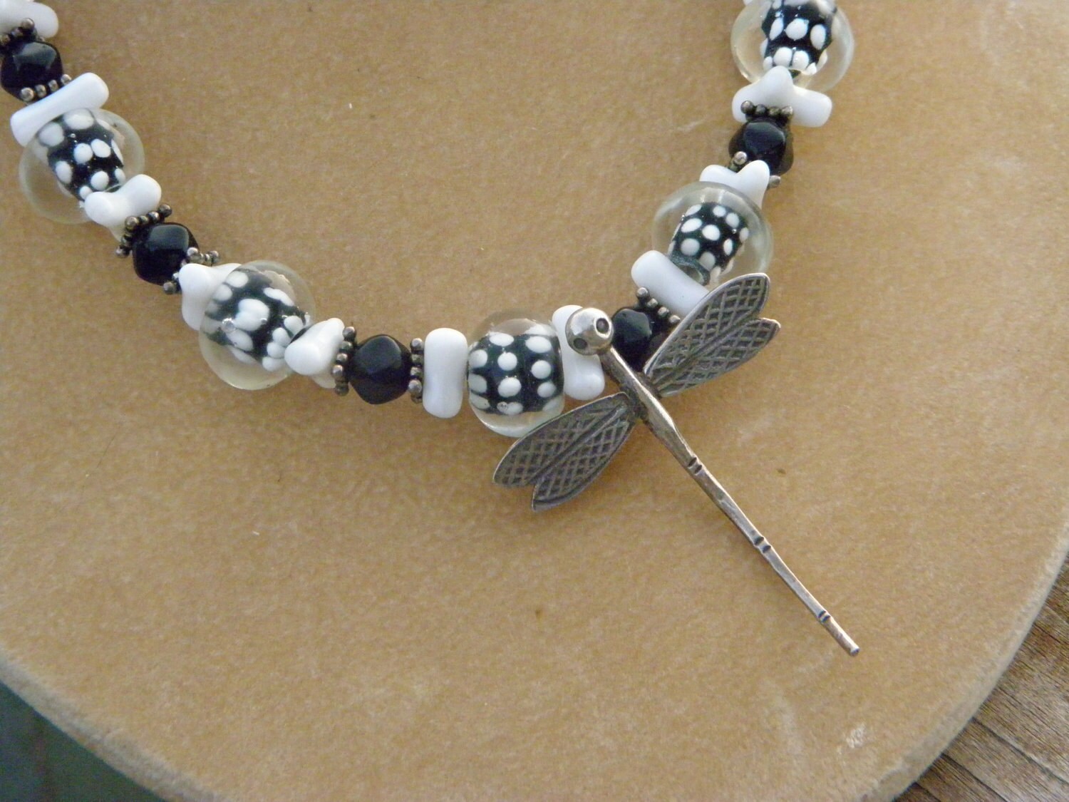 Beautiful Black and White Murano Glass Beads with Sterling Dragonfly Necklace  Artist Design