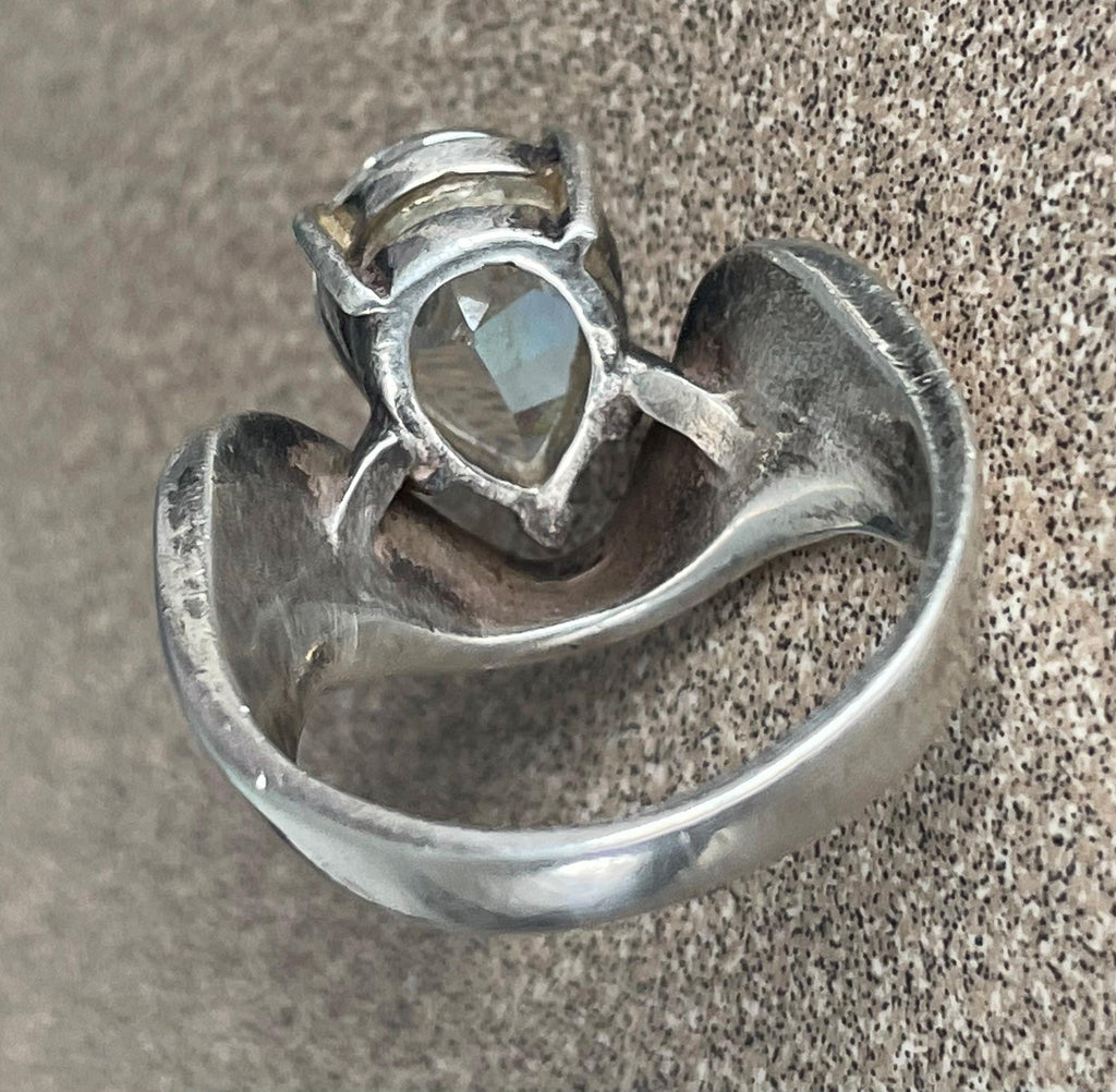 Unique Vintage Artist Signed "ASPO" Ladies Clear Topaz Tear Drop Sterling Silver Modernist Ring Size 9