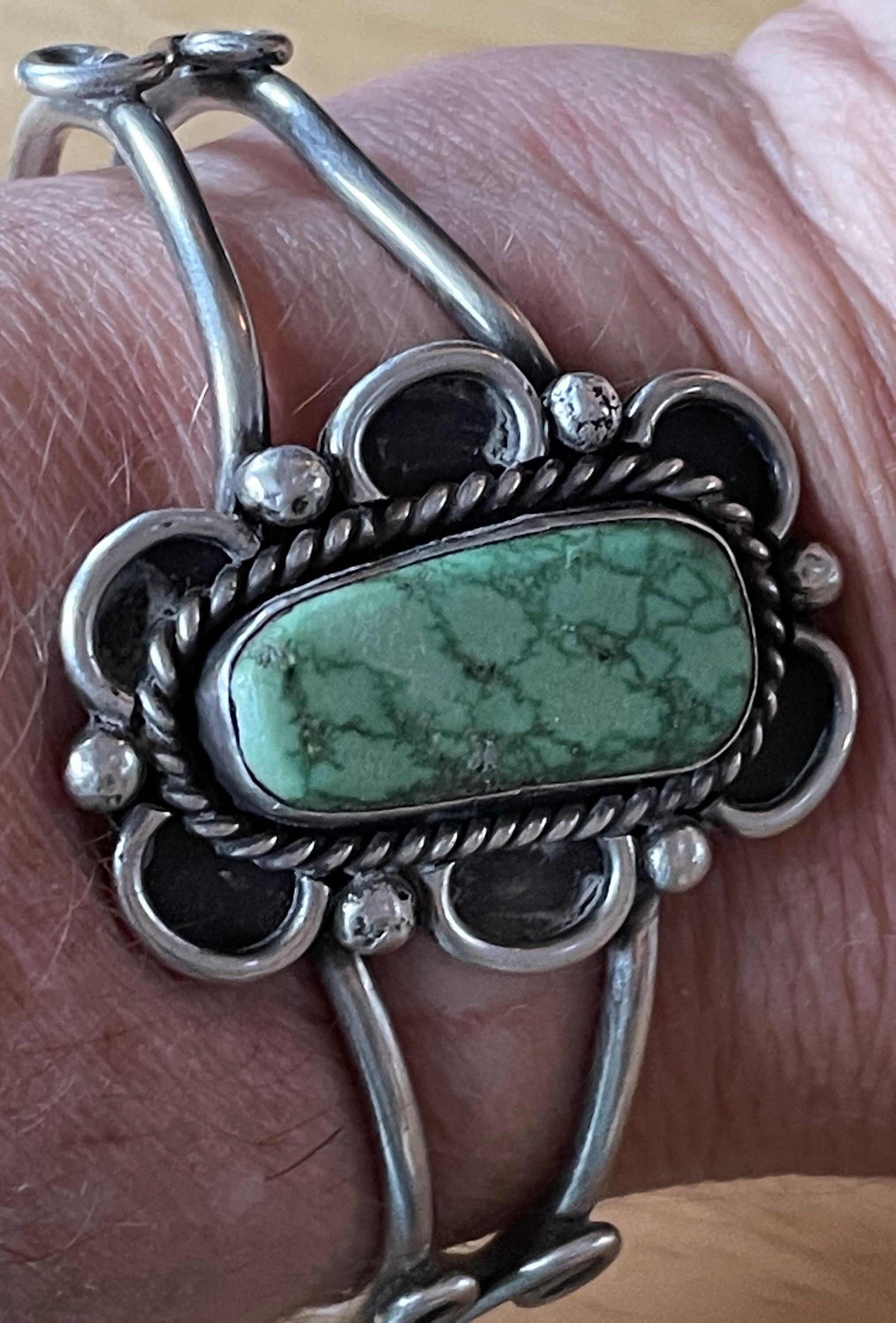 Stunning Vintage Sterling Silver and Green Turquoise Cuff Bracelet