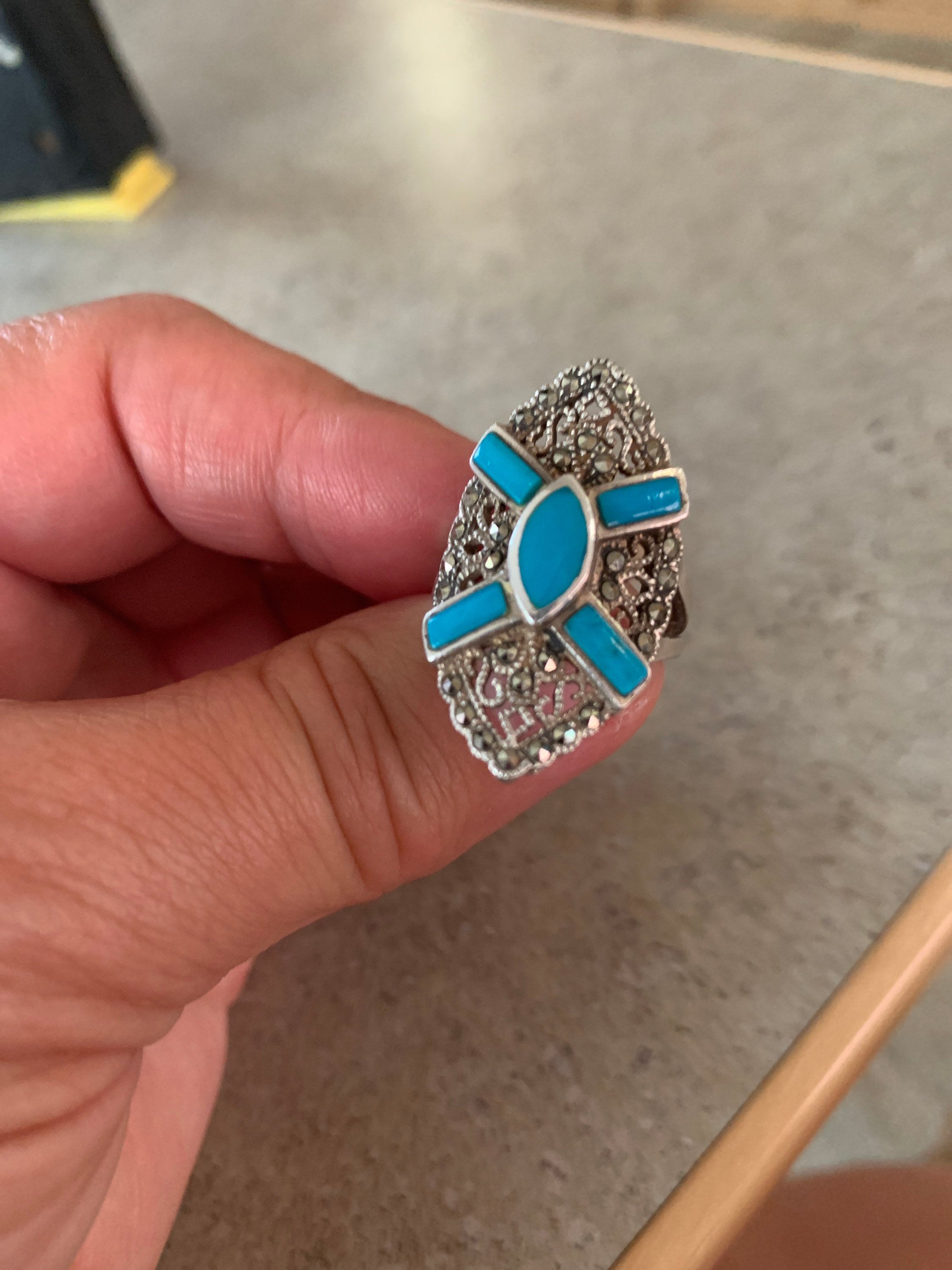 Large Turquoise Marcasite and Sterling Silver Ring