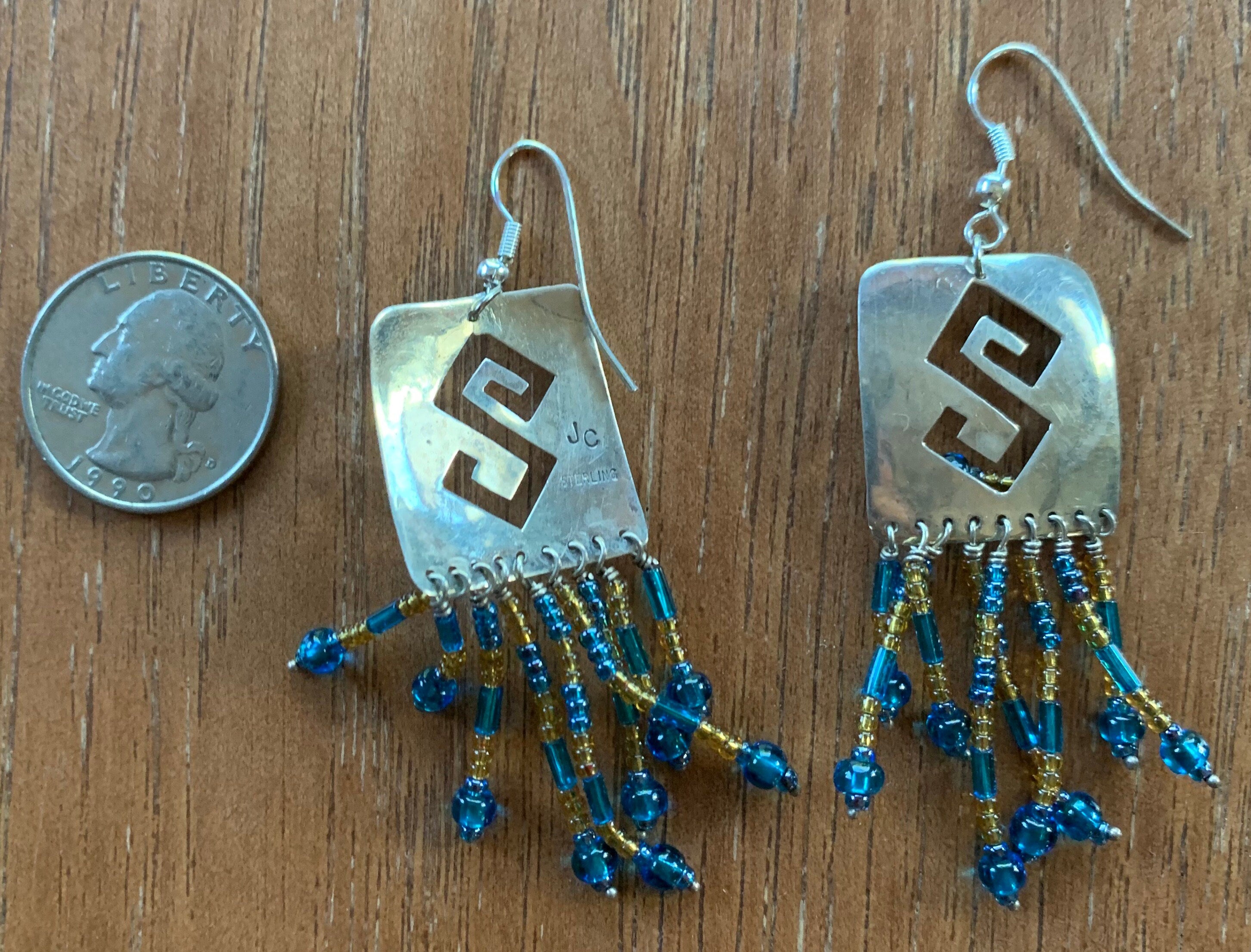 Unique Native American Sterling Silver Beaded Dangle Earrings Signed JC