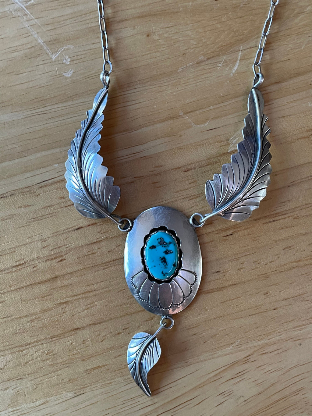 Artist Signed Native American Sterling Silver Turquoise Necklace with Feathers
