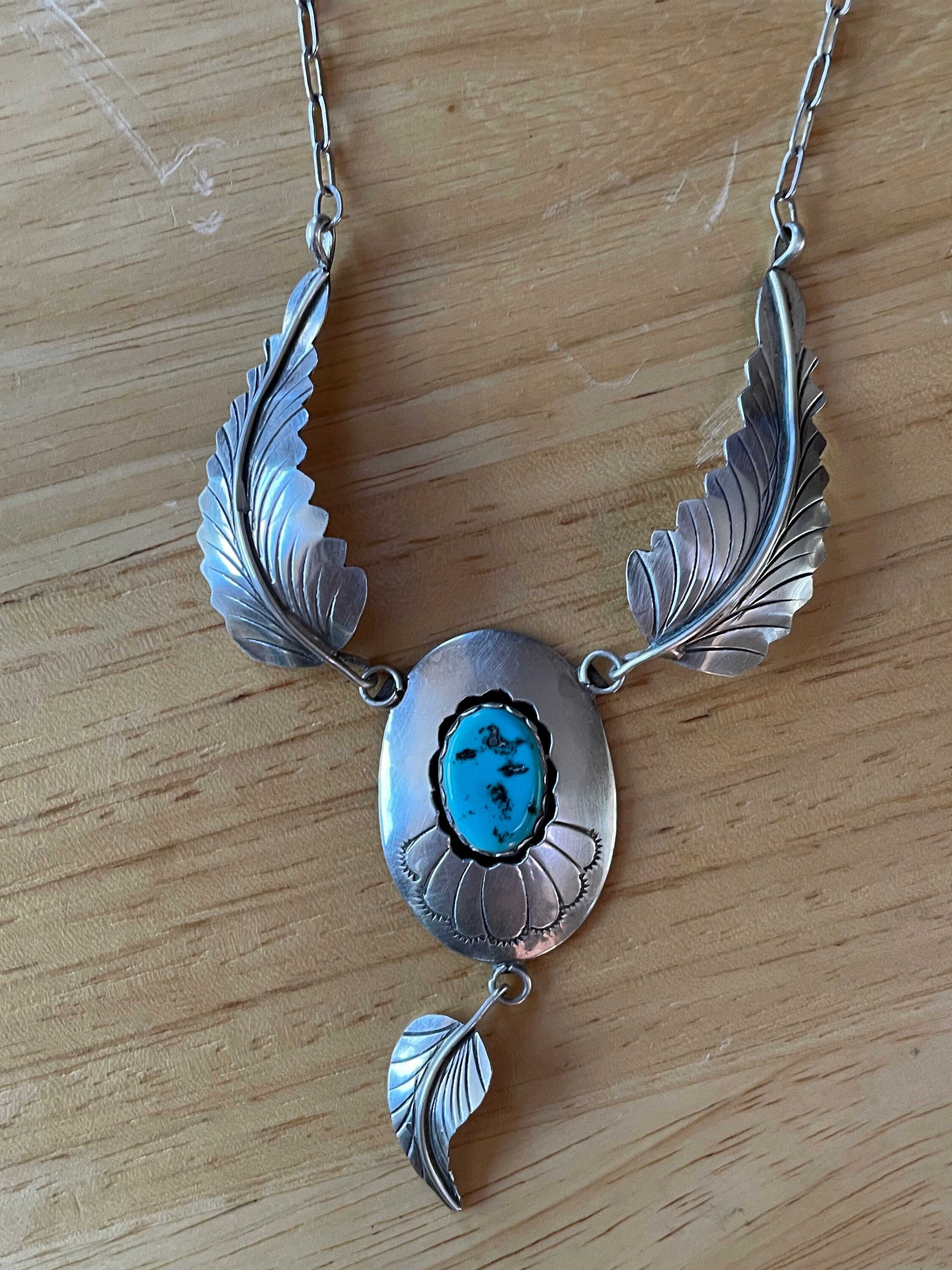 Artist Signed Native American Sterling Silver Turquoise Necklace with Feathers