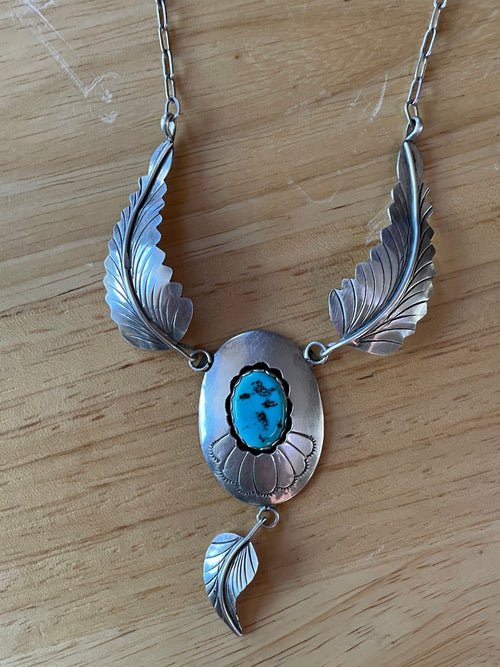 Artist Signed Native American Sterling Silver Turquoise Necklace with Feathers