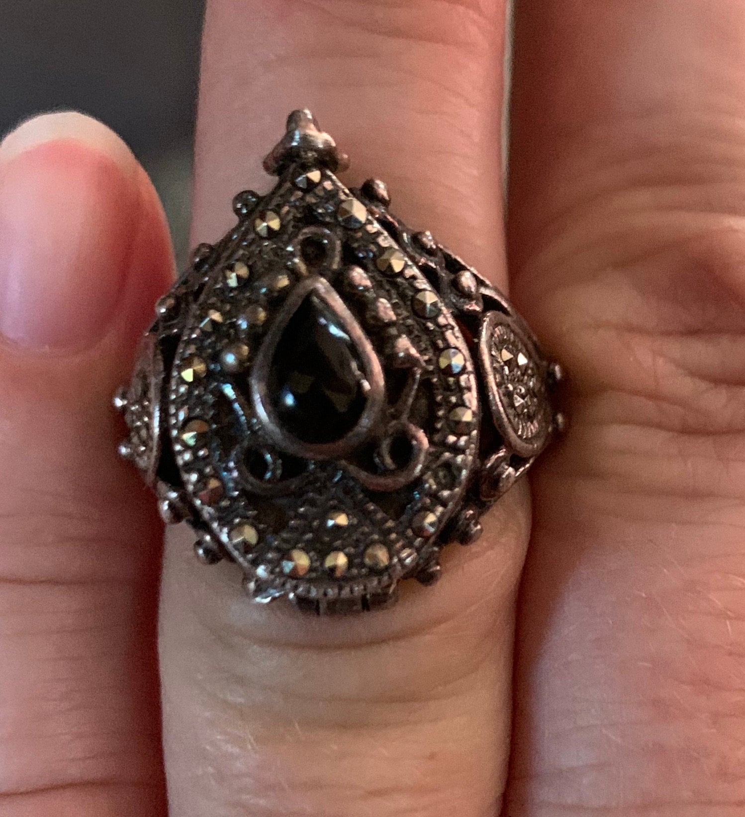 Beautiful Ladies Turkish Sterling Silver Black Onyx and Marcasite Poison Ring size 7
