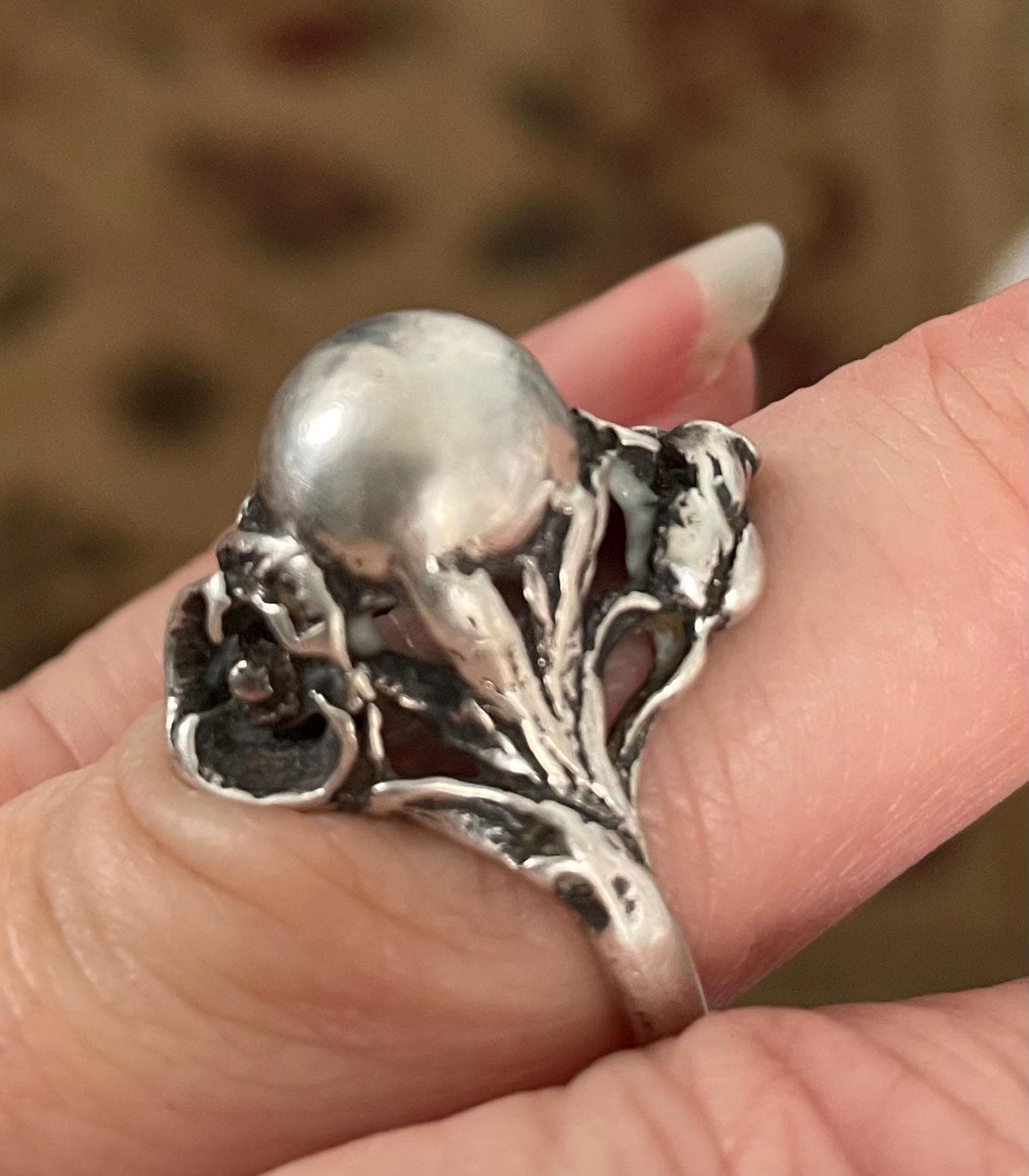 Unique Vintage Artist Signed JP Ladies Sterling Silver Floral Pattern Ring Size 6 1/2