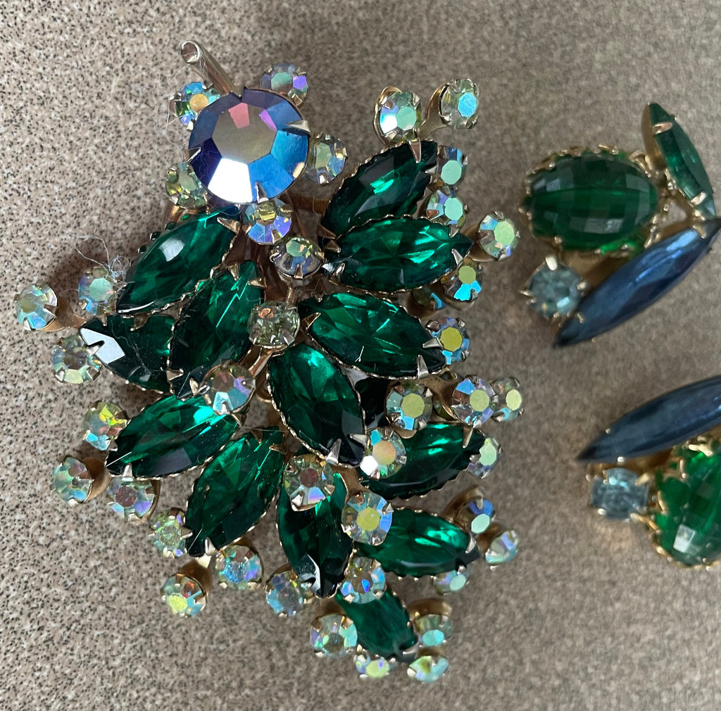 Large Vintage D & E Juliana Blue and Green Rhinestone  Brooch Pin and Clip Earrings
