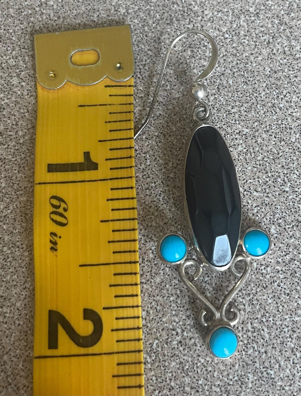 Vintage Long Dangle Sterling Silver Earrrings with Black Onyx  and Turquoise Stones