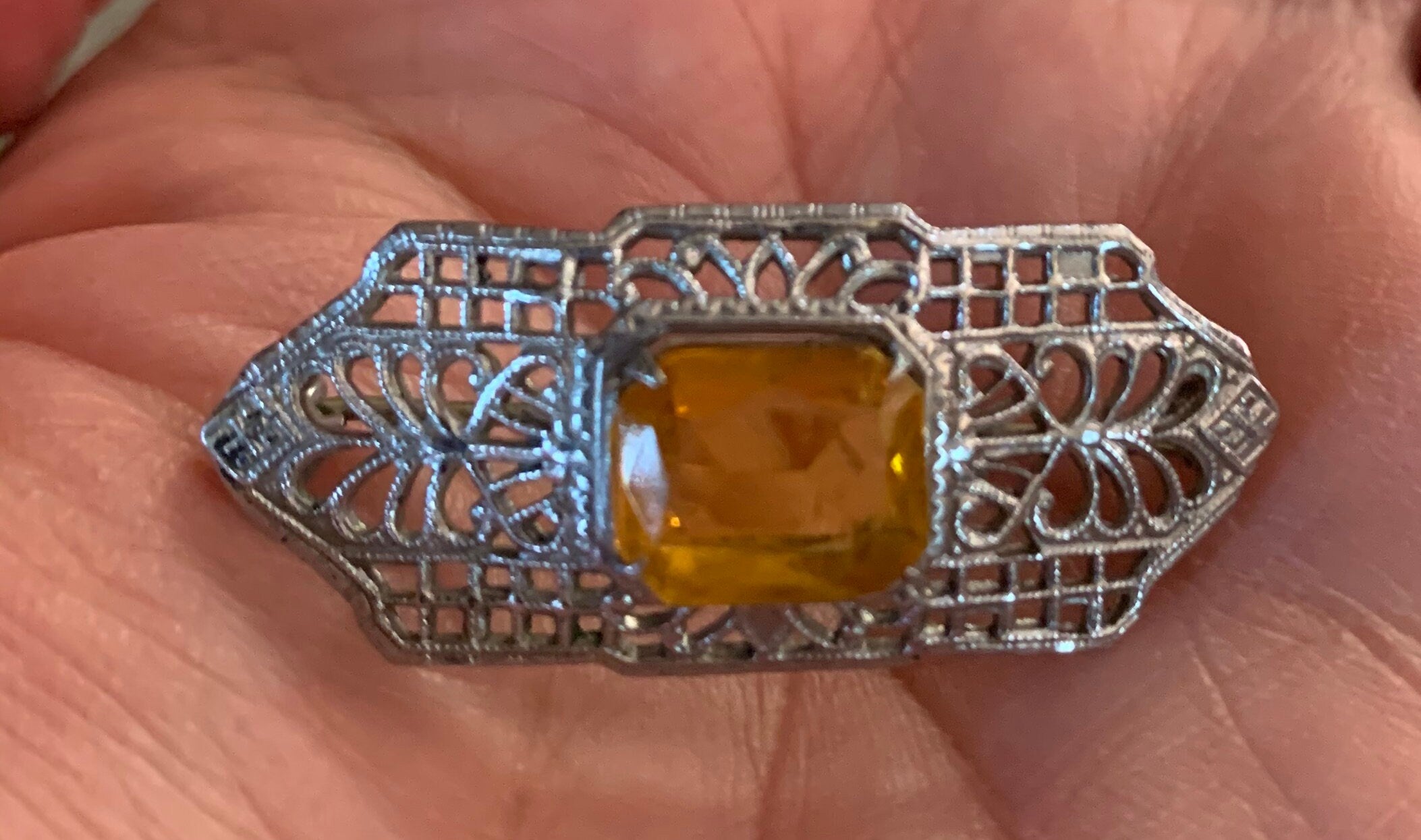 Antique Sterling Silver and Citrine Stone Deco Brooch Pin