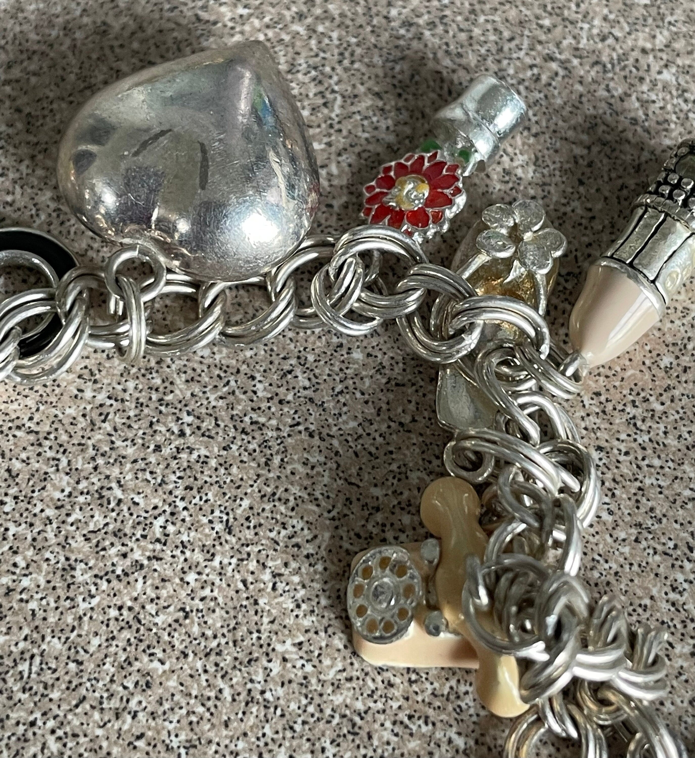 Vintage Sterling Silver Charm Bracelet with 15 Charms Enamel Precious Stones Rhinestones Marked 925