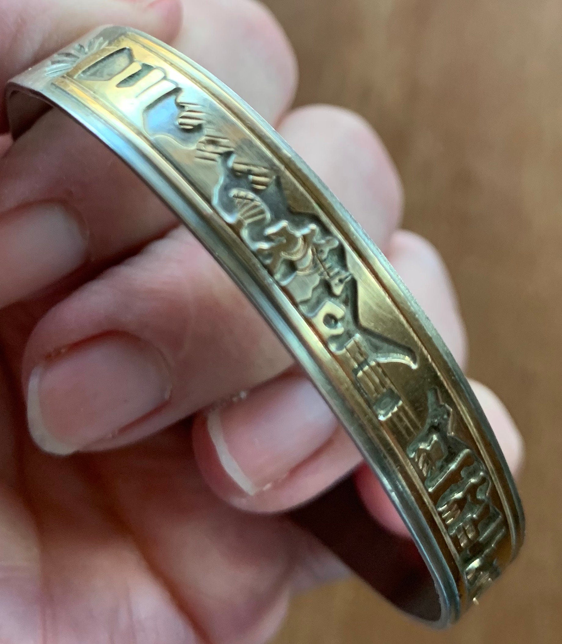 Native American Made Sterling Silver and Gold Filled Story Teller Cuff Bracelet