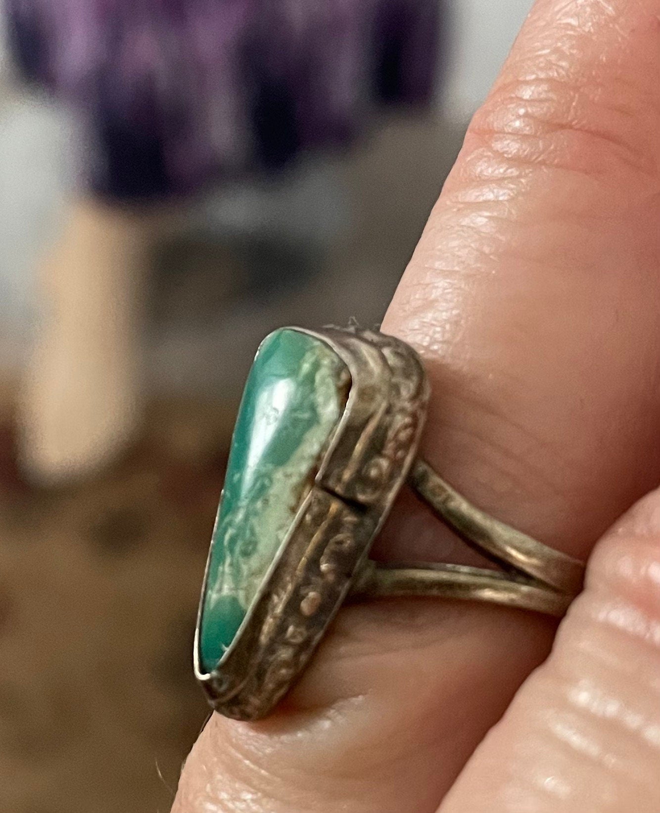 Beautiful Vintage Native American Pawn Silver Blue Green Turquoise Ring Size 7