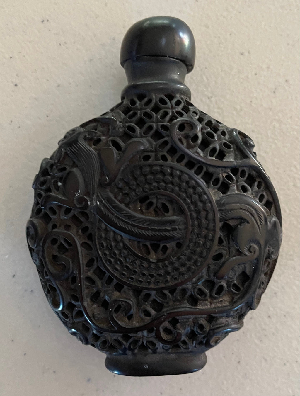 Vintage Chinese Ornately Carved Black Onyx Snuff Bottle