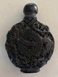 Vintage Chinese Ornately Carved Black Onyx Snuff Bottle
