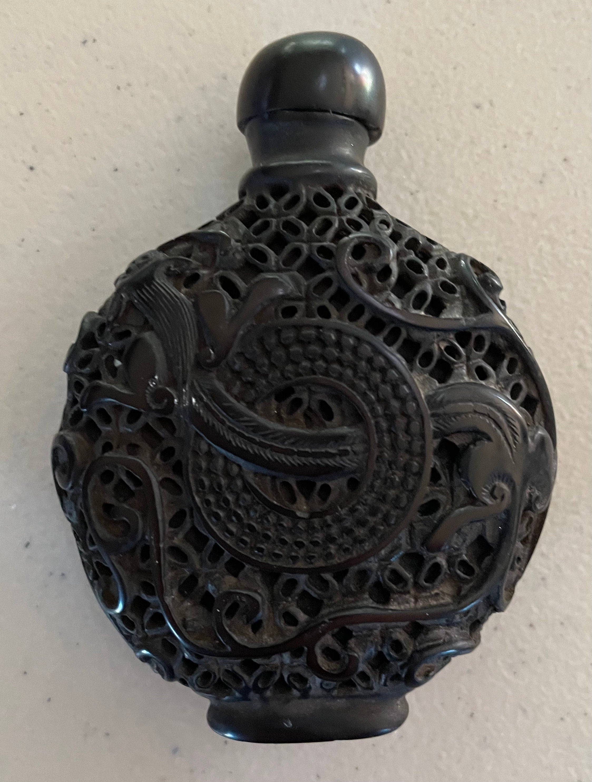 Vintage Chinese Ornately Carved Black Onyx Snuff Bottle