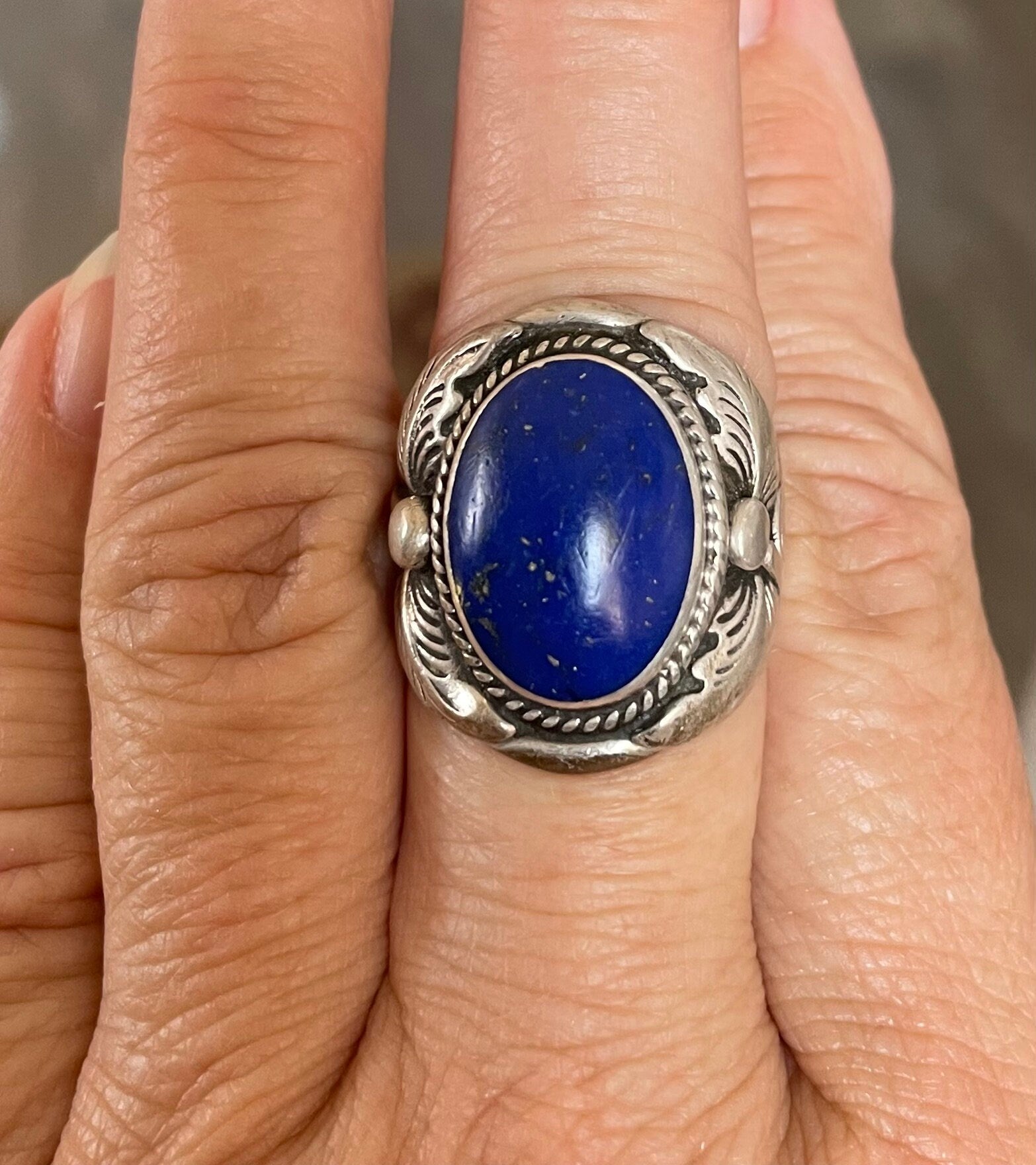 Native American Artist Signed Vintage Sterling Silver and Blue Lapis Ring Size 9
