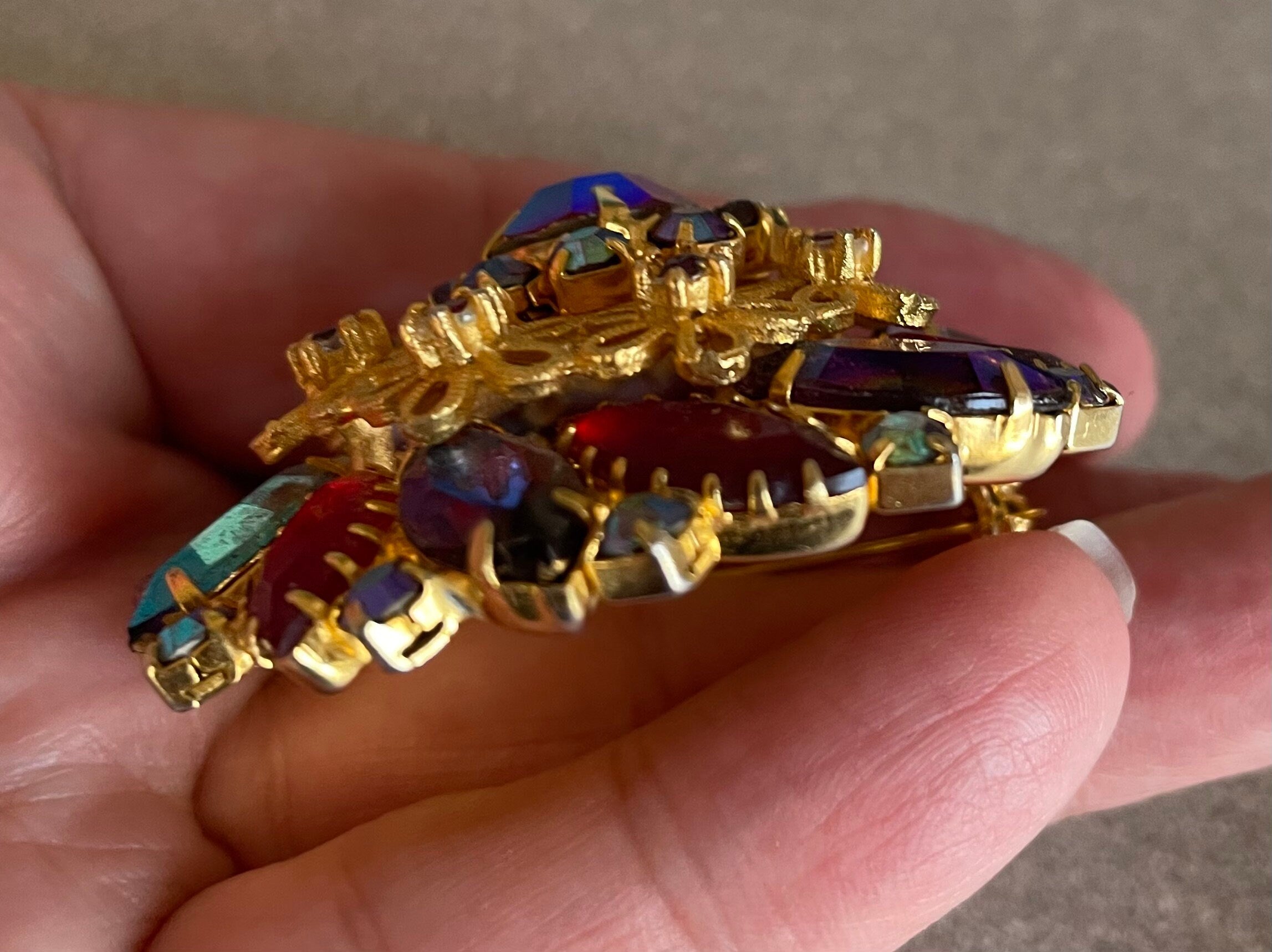 Stunning Large D & E Juliana Vintage High Domed Aurora Rhinestone Brooch Pin Watermelon Rhinestone Multi Colors Gold Flowers Reds and Blues
