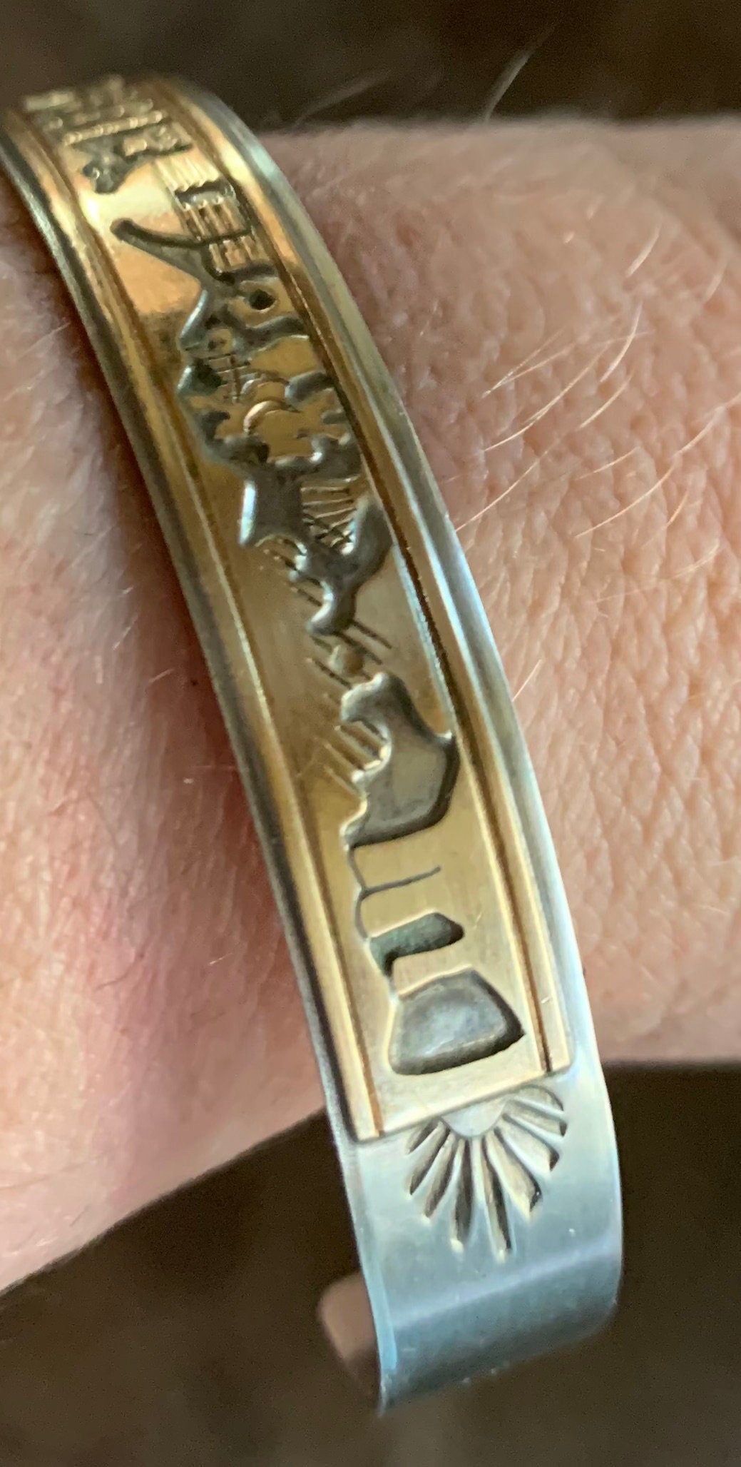 Native American Made Sterling Silver and Gold Filled Story Teller Cuff Bracelet