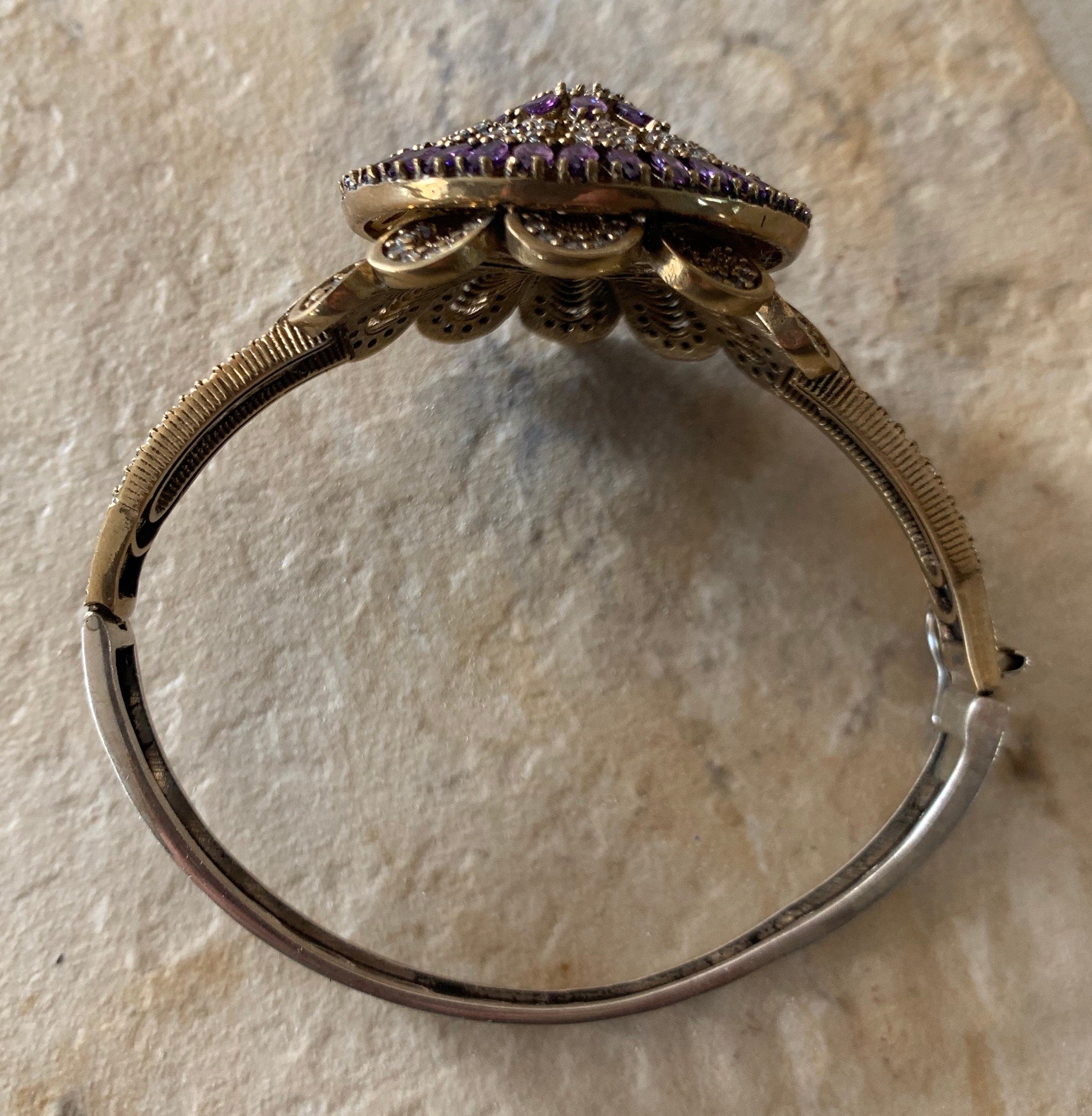 Stunning Large Amethyst Sterling Silver Bronze Turkish Hinged Bracelet