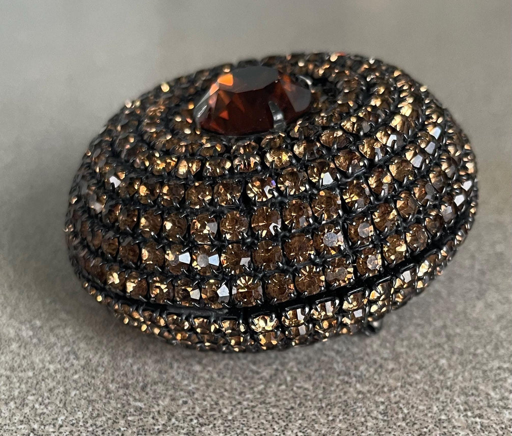 Super Rare Vintage Signed Sandor Hungarian High Layered Domed Rhinestone Encrusted Black Japanned Brooch Pin