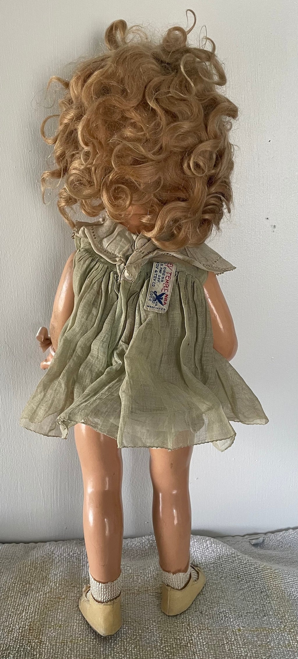 Shirley Temple 17" Composition Doll Ideal, Rare Tagged Dress, Slip Oil Cloth Shoes Socks Button