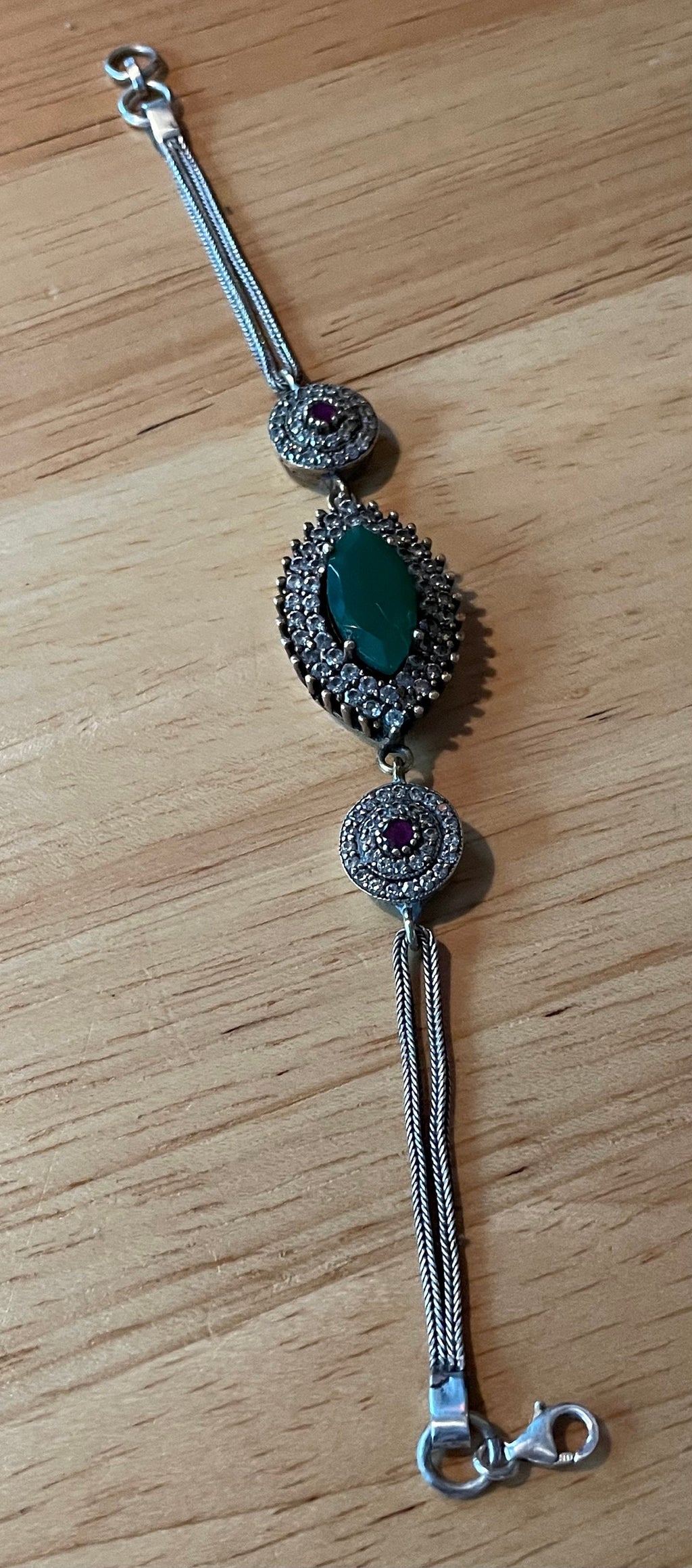 Beautiful Sterling Silver Turkish Flower Bracelet with Emerald and Ruby Stones