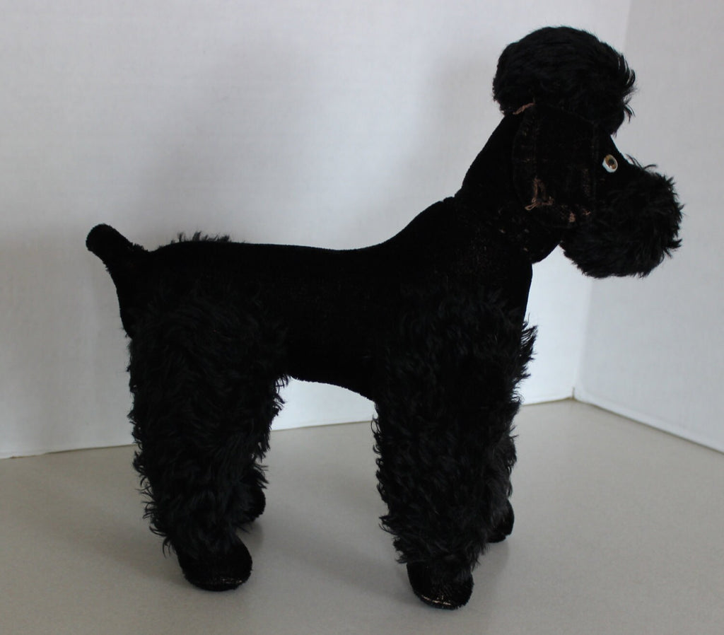 Fully Jointed Large 1940's Steiff Like Black Mohair Poodle Dog with Glass Eyes  13" Long