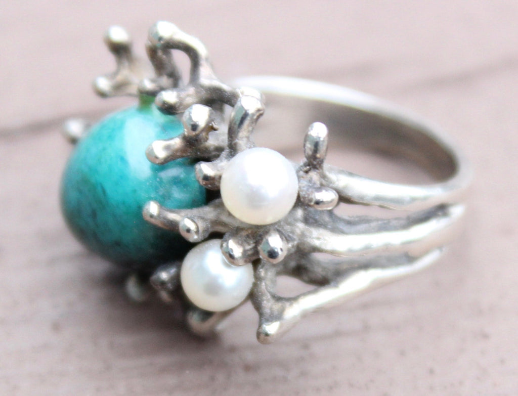 Vintage Custom Made Sterling Silver Turquoise with 2 White Pearls Ring Size 5