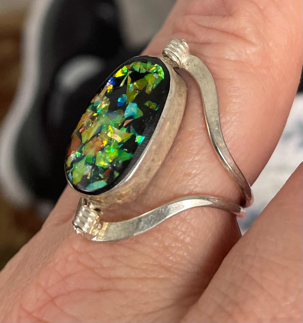 Vintage Unique Sterling Silver Foil Opal and Turquoise Spinner Double Sided Ring Size 9 1/2
