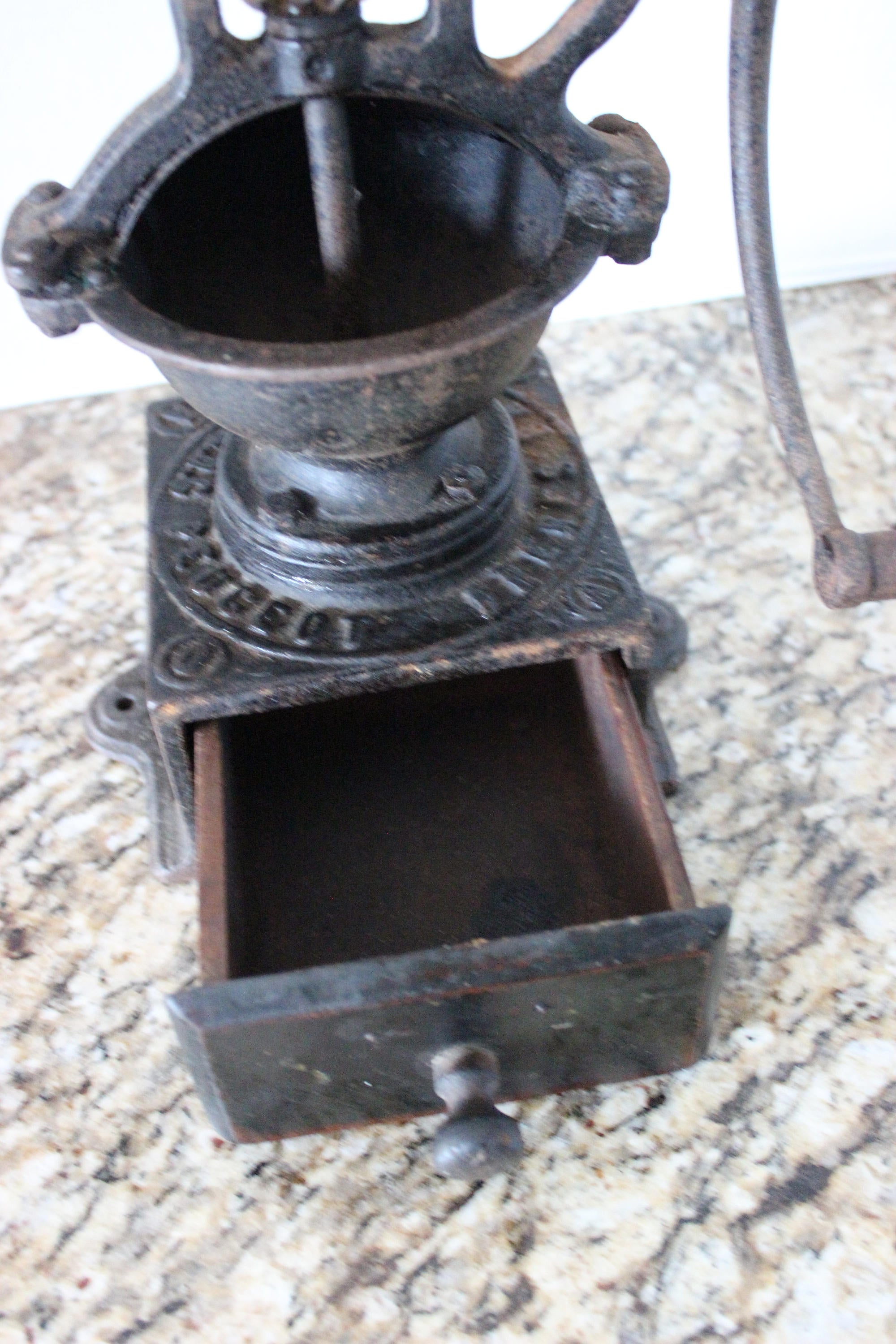 Rare! Antique French Coffee Grinder Mill Peugeot Freres 1890's Cast Iron & Wood A0 size
