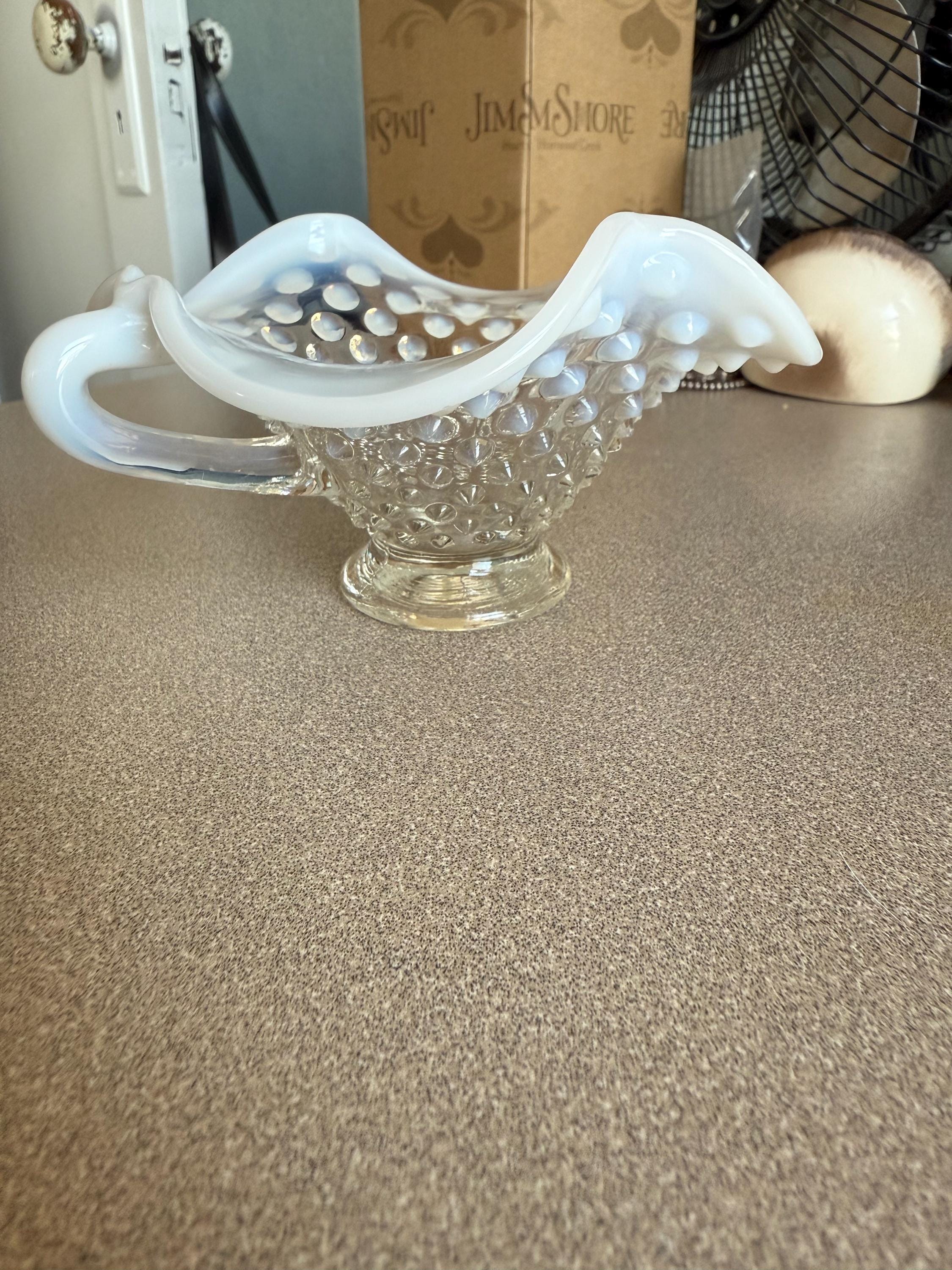 Vintage Fenton Opalescent Hobnail Double Handle Stemmed Bowl Serving Dish Great for the Holidays