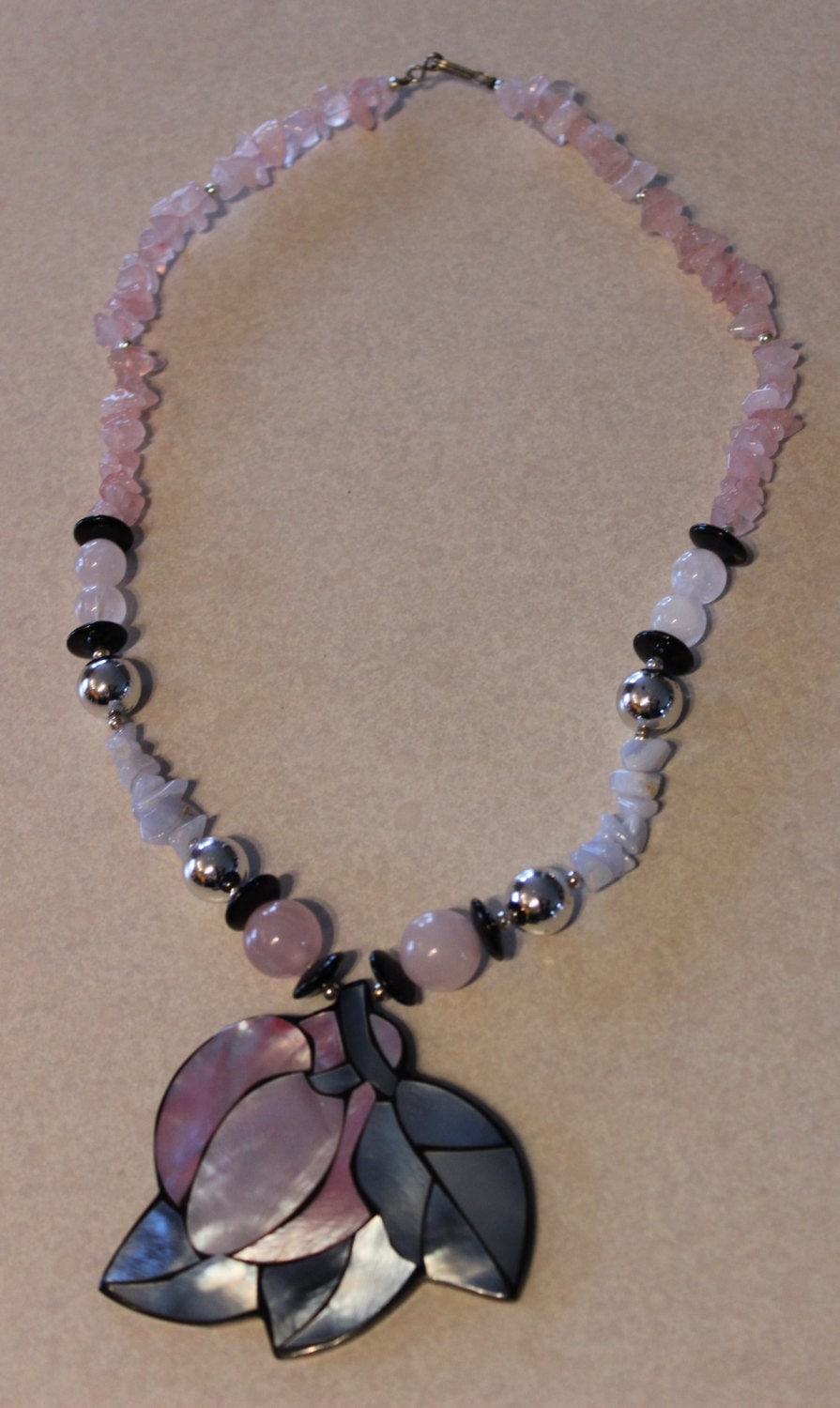 Vintage 1980's Abalone Lucite Rose Quartz Bead Fashion Necklace