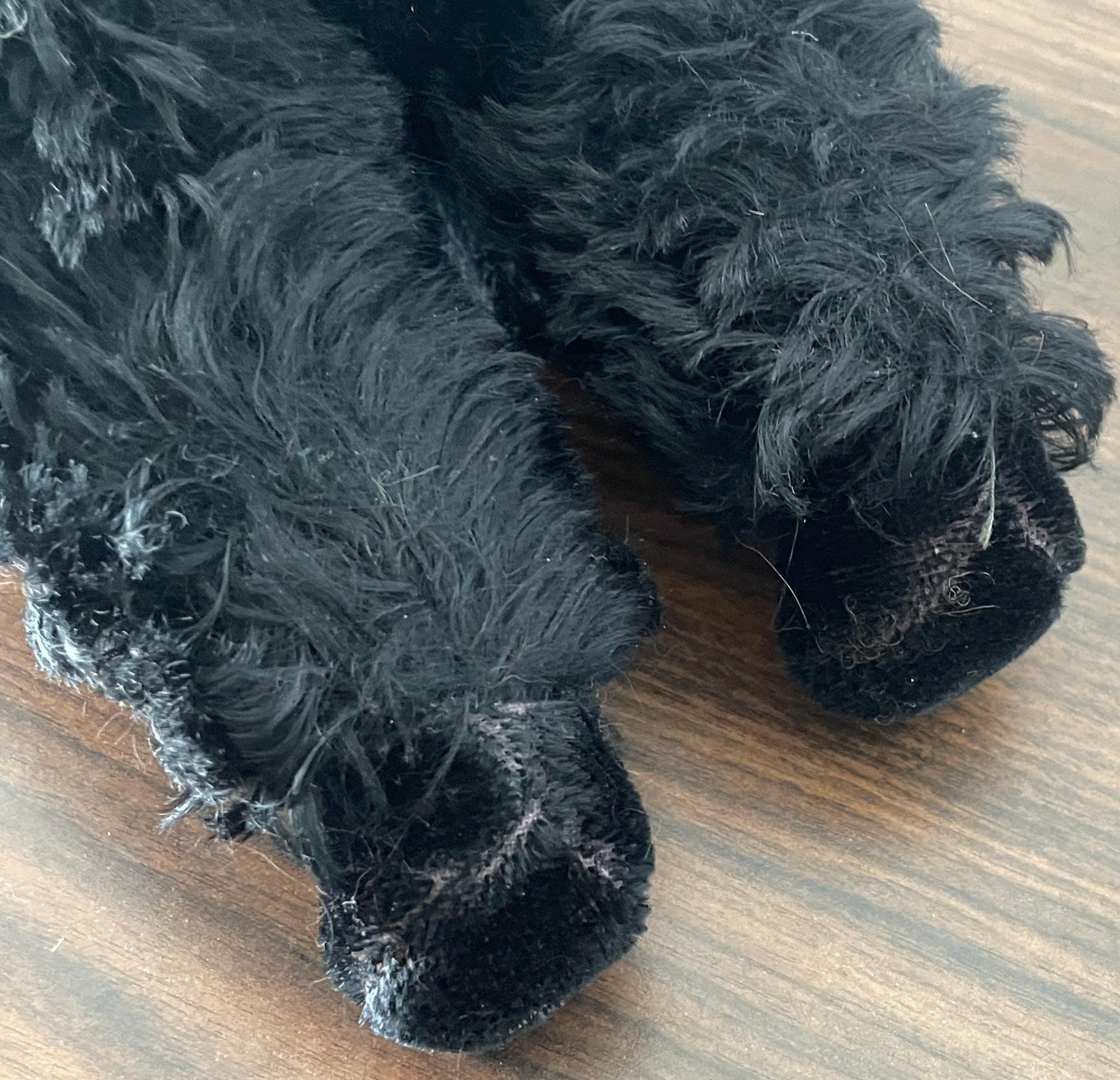 Fully Jointed Large 1940's Steiff Like Black Mohair Poodle Dog with Glass Eyes  13" Long with Rhinestone Studded Collar