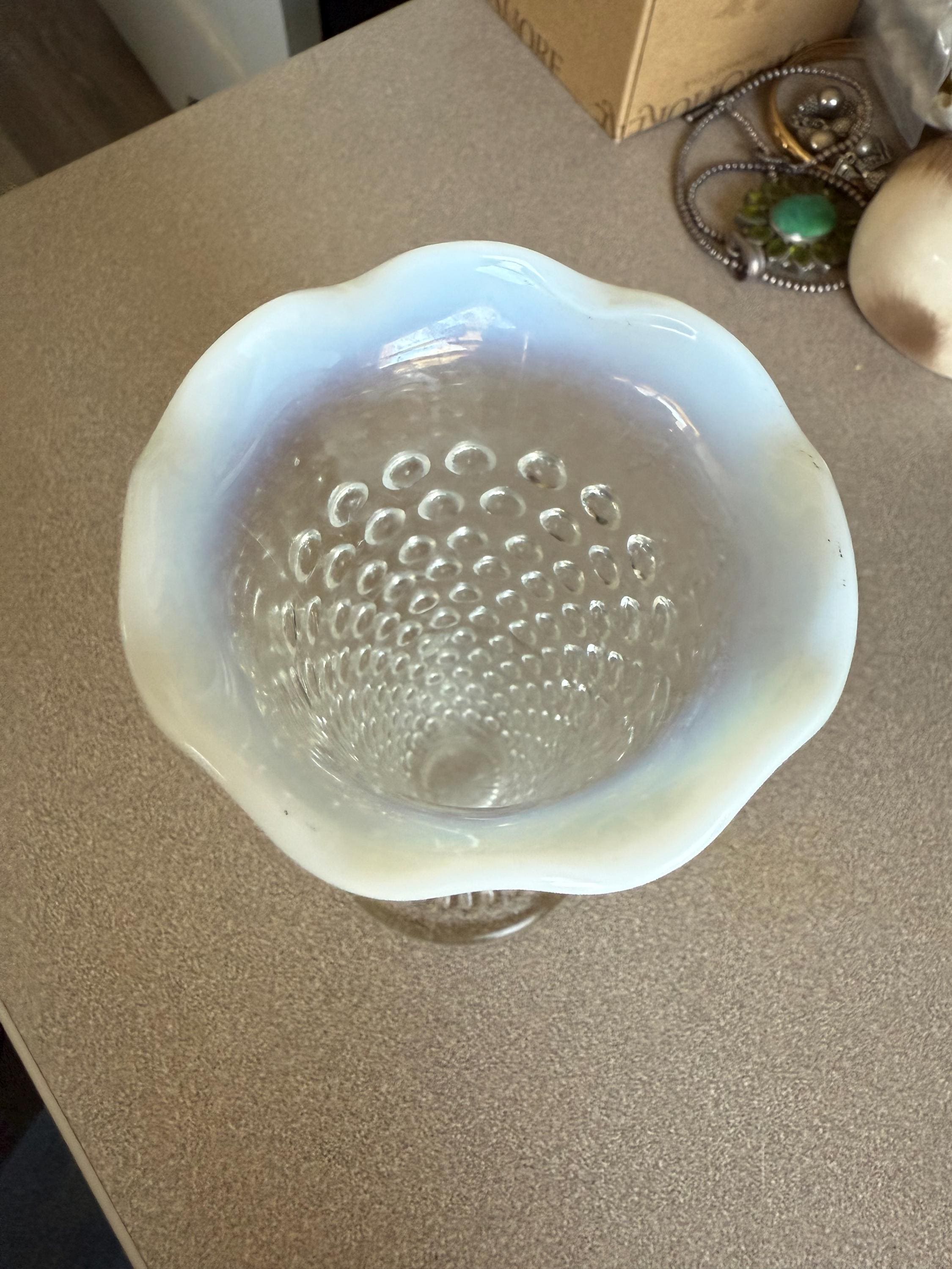 Vintage Fenton Opalescent Hobnail Moonstone Ruffle Top Vase