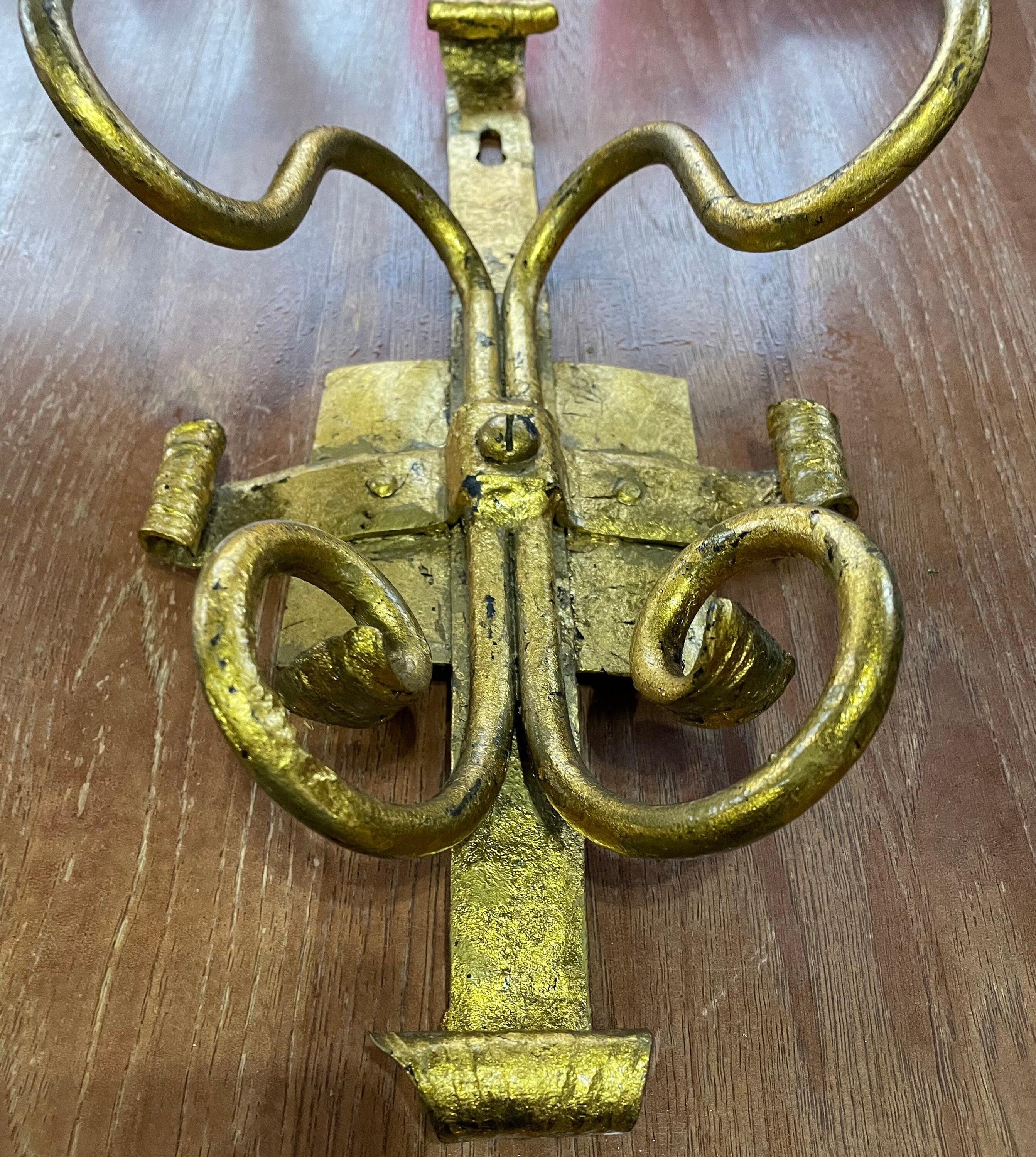 Huge Antique Wrought Iron Gothic Candle Wall Sconces Pair 2 Painted Gold