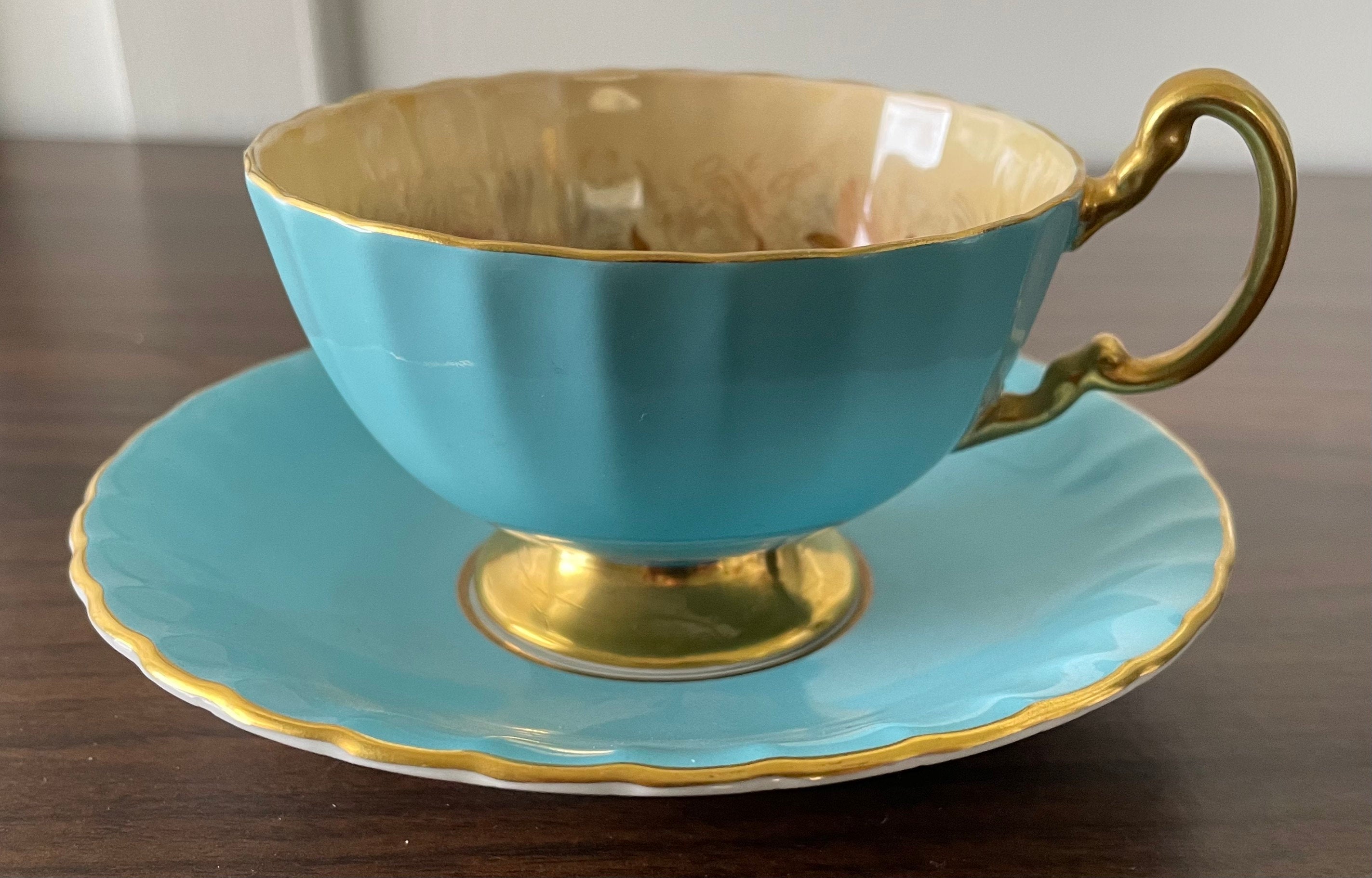 Beautiful Aynsley Fruit Orchard Gold Tea Cup and Saucer Duo Vintage 1960's Turquoise Blue