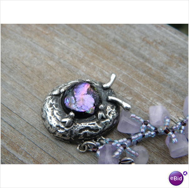 Sterling Silver with Dichroic Glass Cabochon Lavender Quartz Cute Bug Bracelet