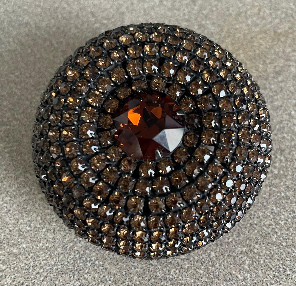 Super Rare Vintage Signed Sandor Hungarian High Layered Domed Rhinestone Encrusted Black Japanned Brooch Pin