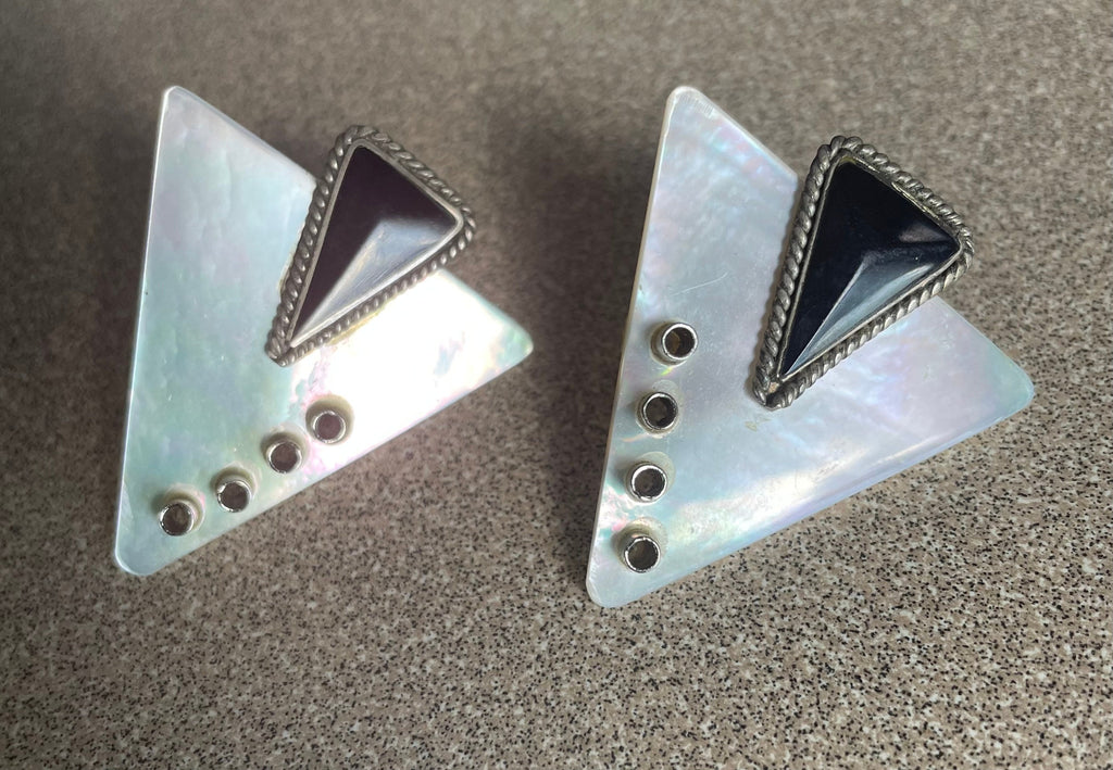 Unique Vintage Mother Of Pearl Sterling Silver Retro Earrings with Black Onyx Triangles
