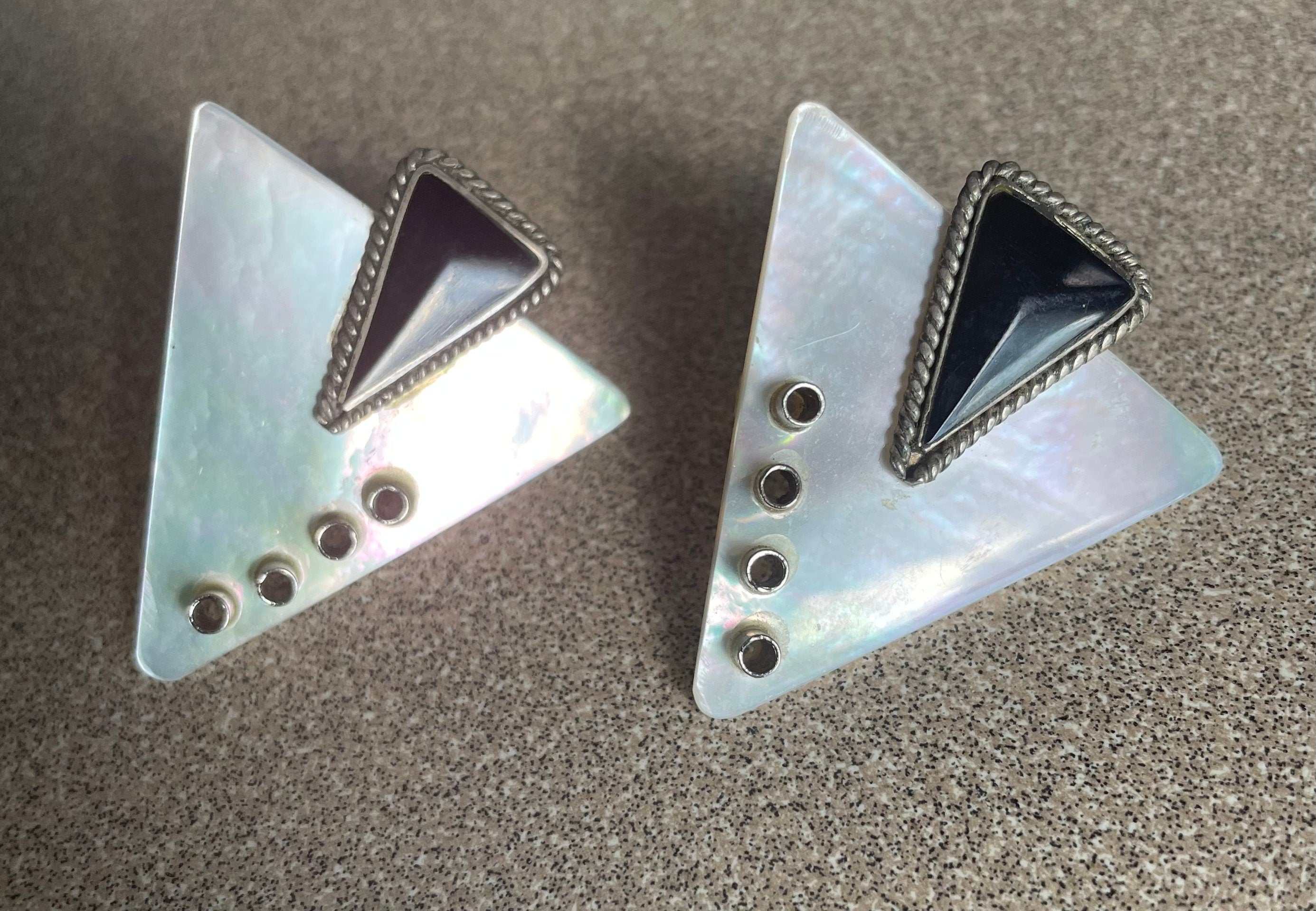Unique Vintage Mother Of Pearl Sterling Silver Retro Earrings with Black Onyx Triangles