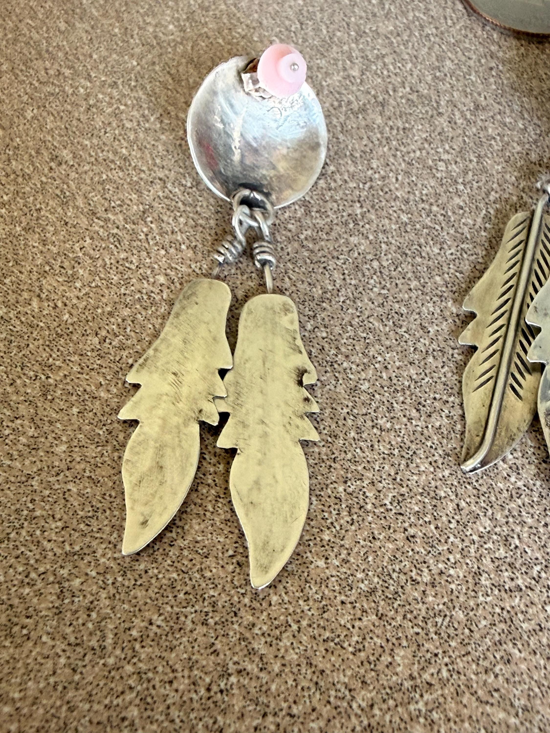 Beautiful Native American Sterling Silver and Turquoise Feather Dangle Post Earrings 2 1/2" long