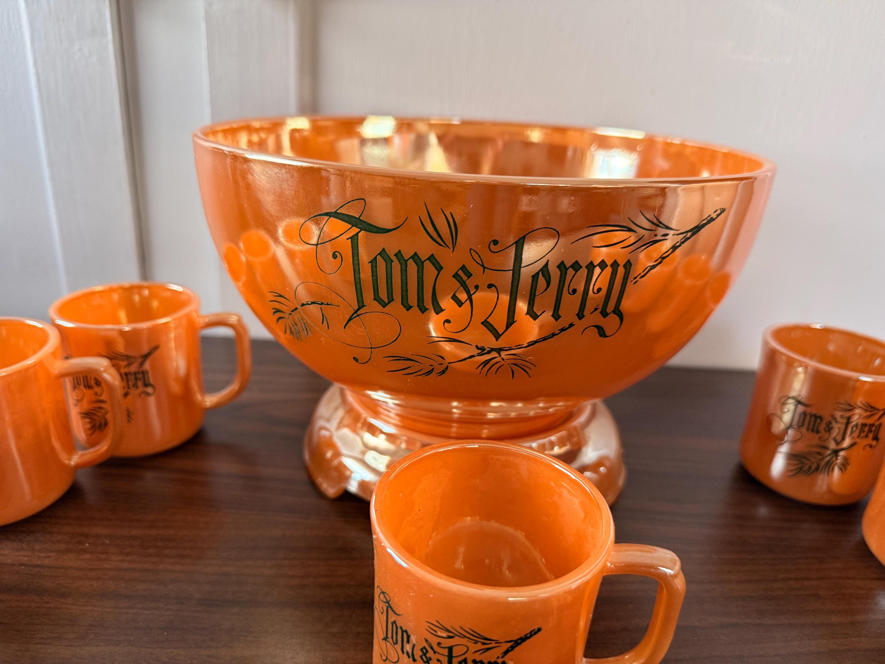 Rare Hard to Find Tom and Jerry Peach Lusterware Fire King Punch Bowl with 9 Cups